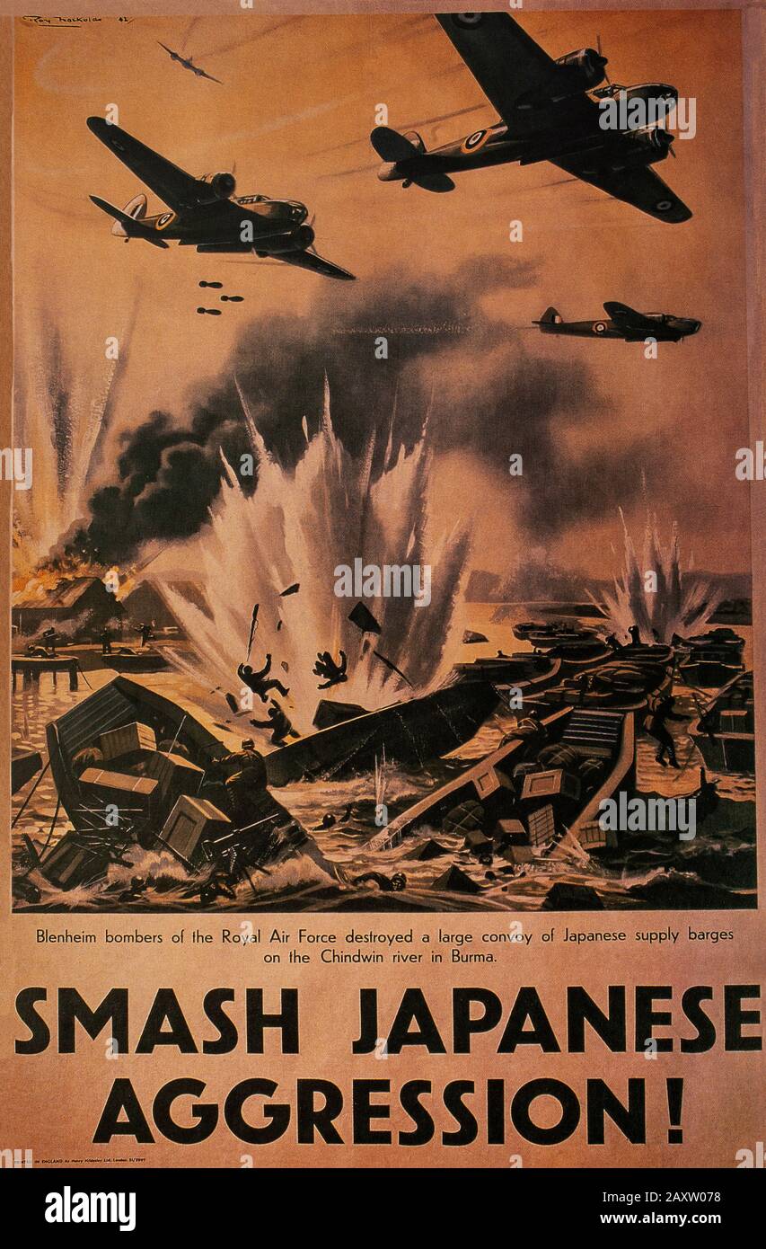 Ein idealisiertes britisches Plakat aus dem zweiten Weltkrieg von Blemheimer Bombern der 221 Group, das versucht, einen Konvoi von Versorgungskähnen auf dem Chindwin-Fluss zu stoppen, um die japanische Invasion in Birma im Jahr 1942 zu verhindern. Stockfoto