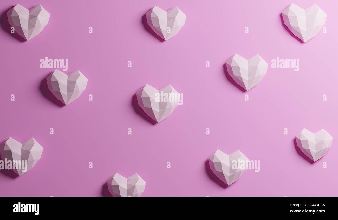 Geometrische Konfigurationsgruppe aus pinkfarbenem Herz, isoliert in süßem Pastellpink, flacher Lay, Draufsicht. Romantischer hintergrund am valentinstag, 3D-Rend Stockfoto