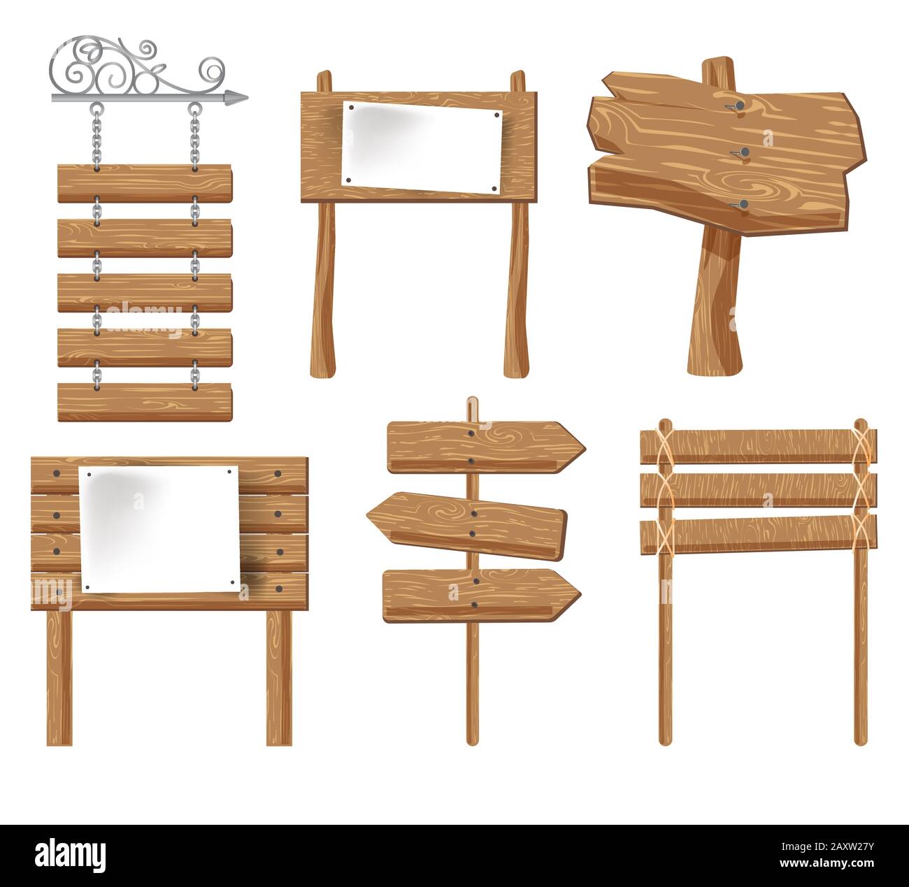 Hinweisschilder aus Holz, Holzschilder und Schilder mit vereinzelten Ikonen Stock Vektor