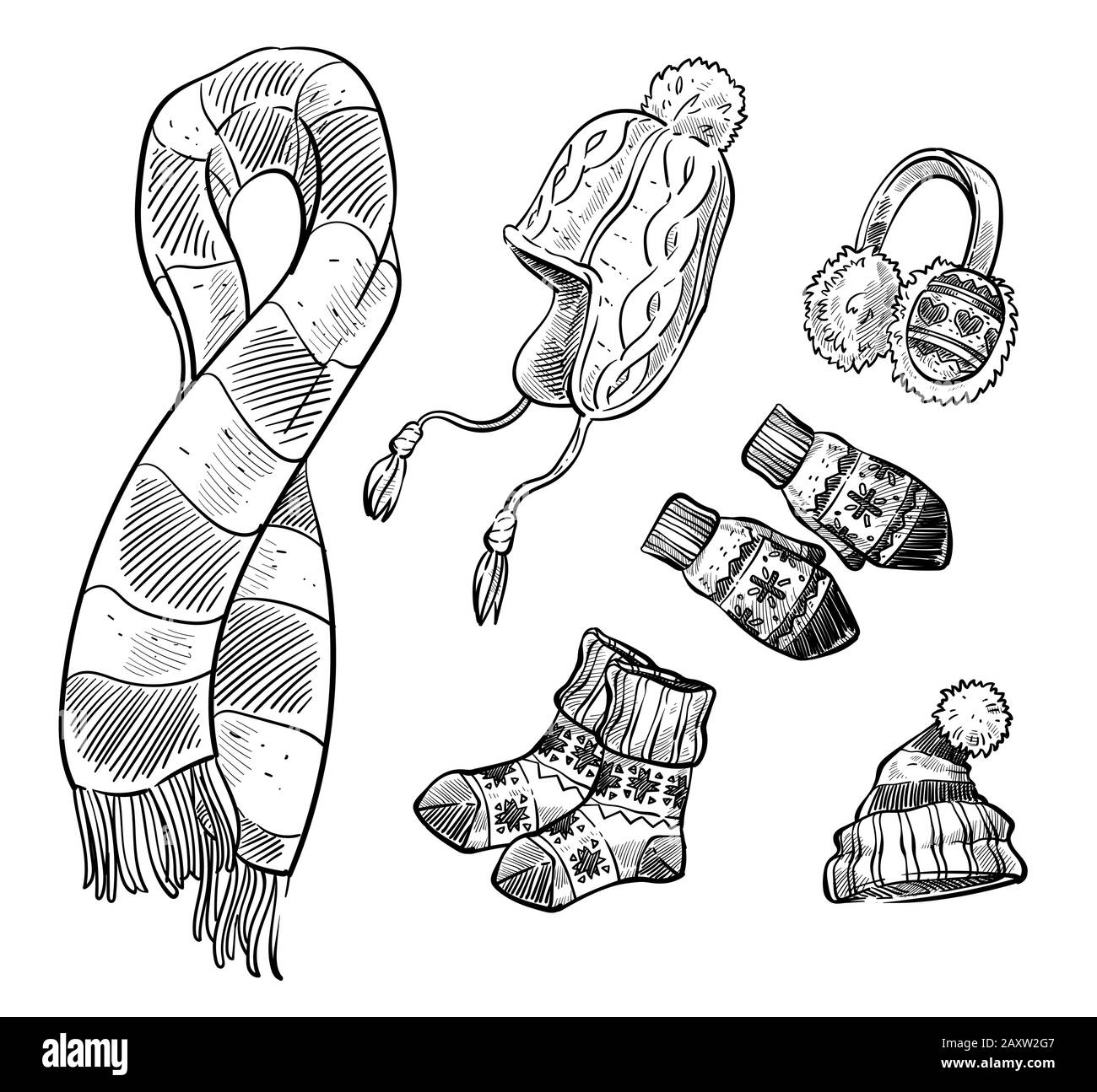 Strickmode isolierte Skizzensymbole, Winterkleidung und Accessoires Stock Vektor