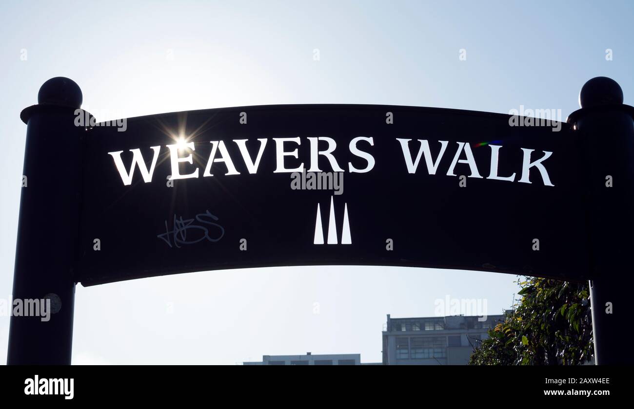 Weavers Walk Schild, East Street Park, Coventry, West Midlands, England, Großbritannien Stockfoto