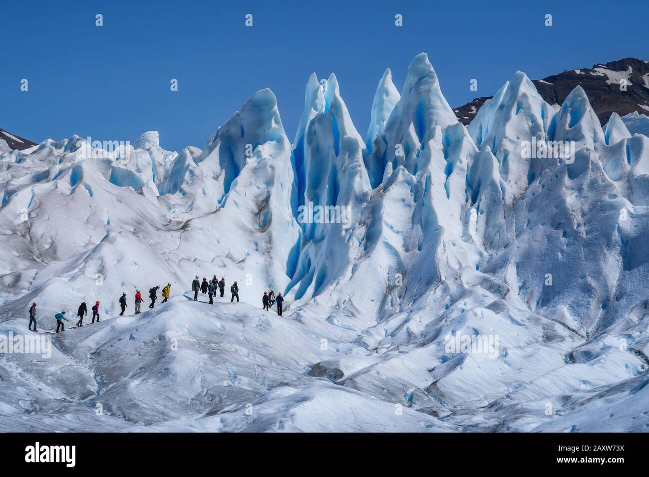 Touristen, die auf dem Perito Moreno Gletscher im Los Glaciares Nationalpark in der Nähe von El Calafate in Argentinien, Patagonien, Südamerika wandern. Stockfoto