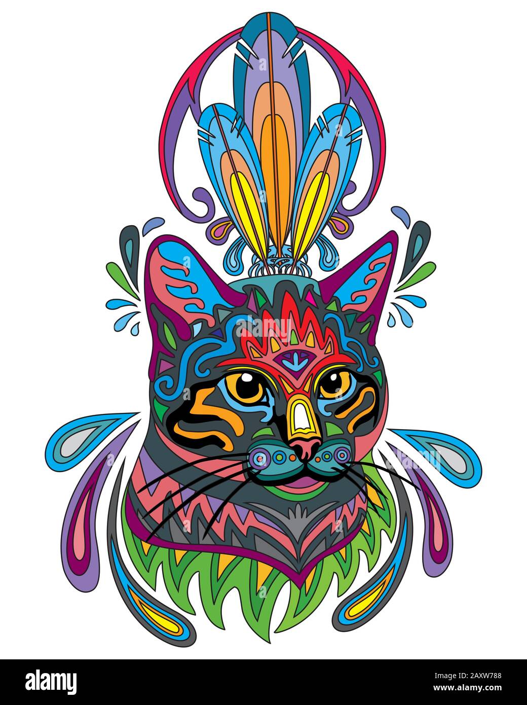 Buntes abstraktes Doodle-Zierporträt der Katze. Dekorative Vektorgrafiken in verschiedenen Farben isoliert auf weißem Hintergrund. Stock illustriert Stock Vektor