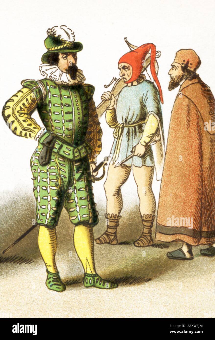 Die Zahlen stellen spanische Männer von A.D. 1500-1600 dar. Sie sind von links nach rechts: Soldat, Biscayan Bauer und Tracht des gemeinen Volkes. Die Abbildung stammt aus dem Jahr 1882. Stockfoto