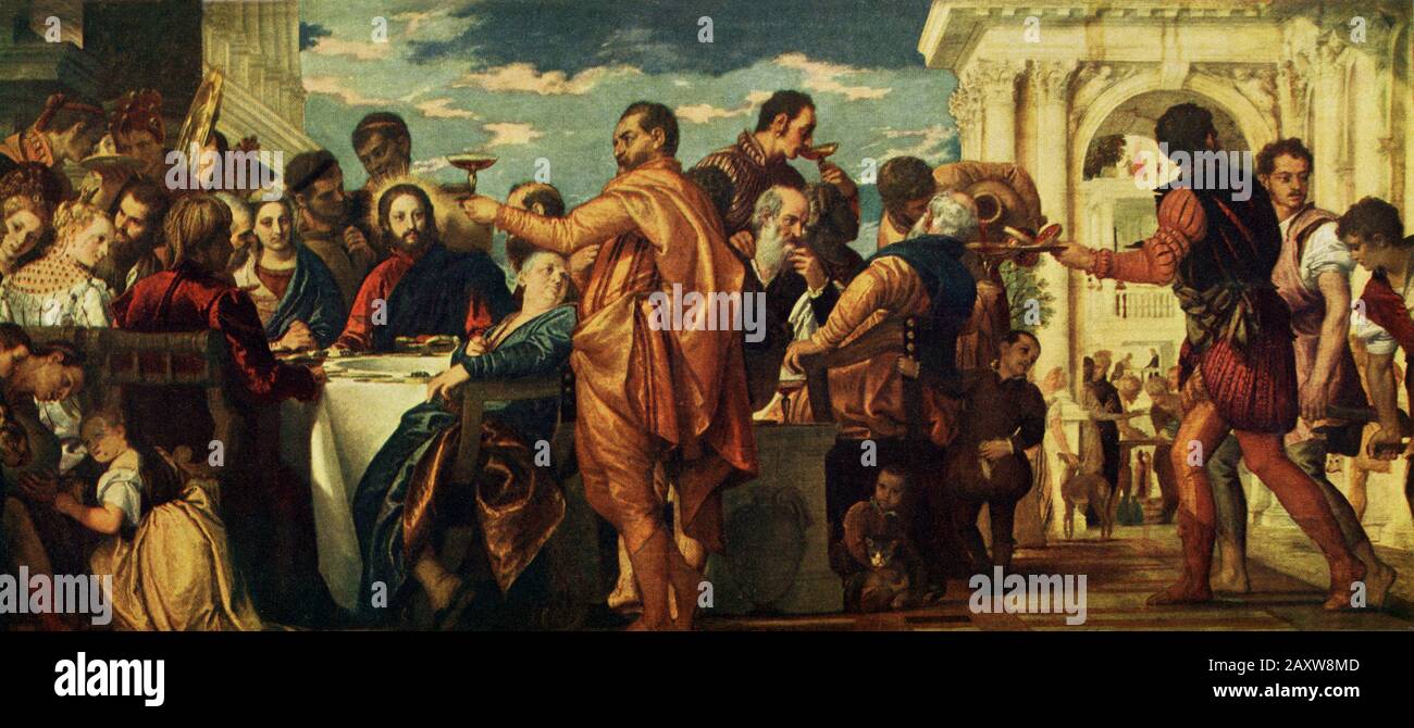 Das Hochzeitsfest in Cana (1563), ein Ölgemälde des italienischen Künstlers Paolo Veronese (1528-1588), zeigt die biblische Geschichte der Ehe in Cana, in der Jesus Wasser in Wein verwandelte. Sie wurde während Der Späten Renaissance Gemalt. Sie befindet sich heute in der Königlichen Kunstgalerie in Dresden. Stockfoto