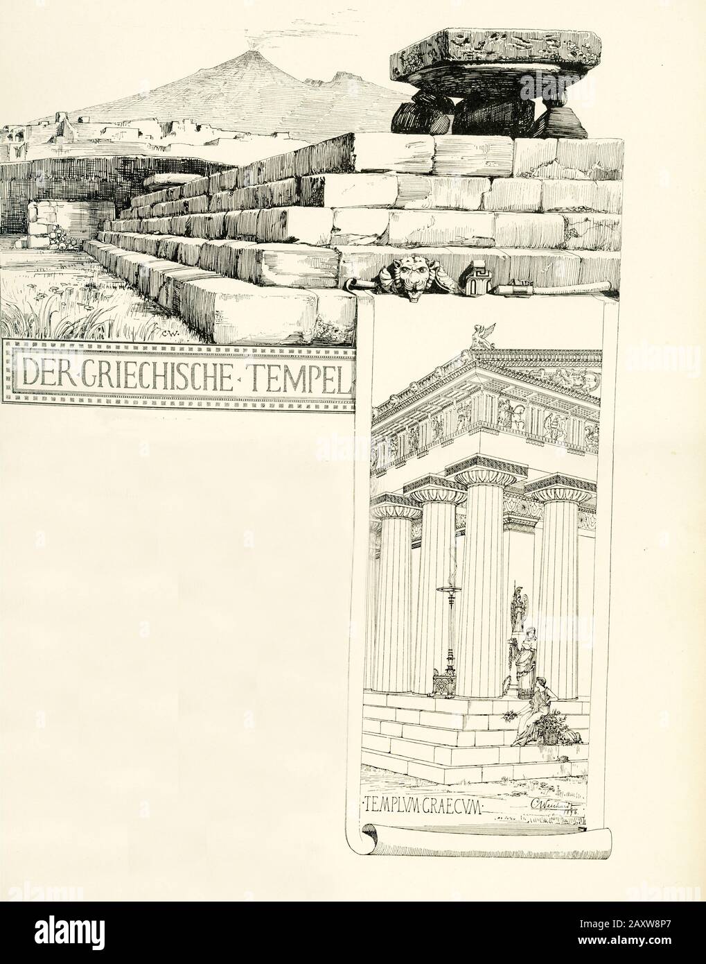 Diese Illustration stammte von Karl Weichardt (1848-1906), einem deutschen Architekten und Architekturmaler. Es zeigt einen antiken griechischen Tempel in Pompeji, der römischen Stadt, die 79 n. Chr. beim Ausbruch des Vesuvs zerstört wurde. Stockfoto