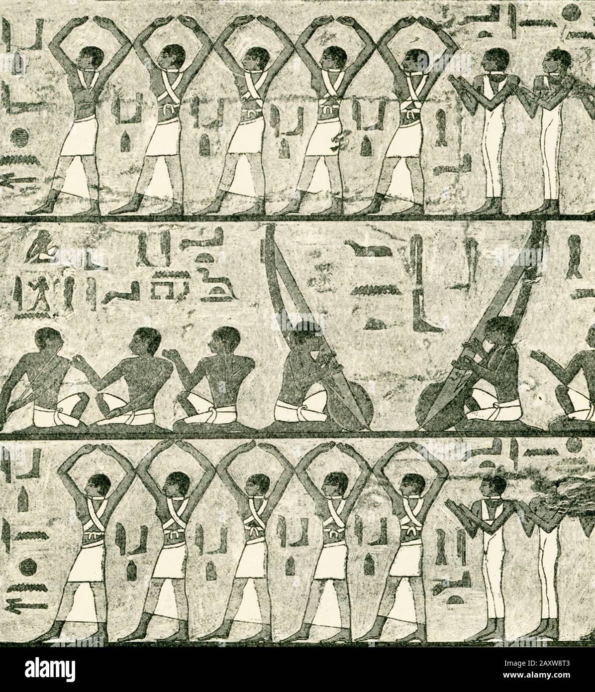 Sängerinnen und Sänger, Flötenspieler, Harfenspieler und Tänzerinnen aus dem Grab von Ti (auch TY geschrieben). Die Mastaba von Ti wurde 1865 von der Firma Auguste-Mariette entdeckt. Dieses große und detaillierte private Grab ist nicht nur Die Kunst Des Alten Königreichs, sondern auch eine der Hauptquellen für Wissen über das Leben im Alten Königreich Ägypten. Sein Besitzer Ti war Aufseher der Abu Sir (auch Abusir genannt)-Pyramiden und Sonnentempel (unter anderem) während der 5. Dynastie ( c 2465-2323 v. Chr.). TI war während der frühen V-Dynastie ein Friseur des Königtums sowie Kontrolleur der zu gehörenden Bauernhöfe und Bestände Stockfoto