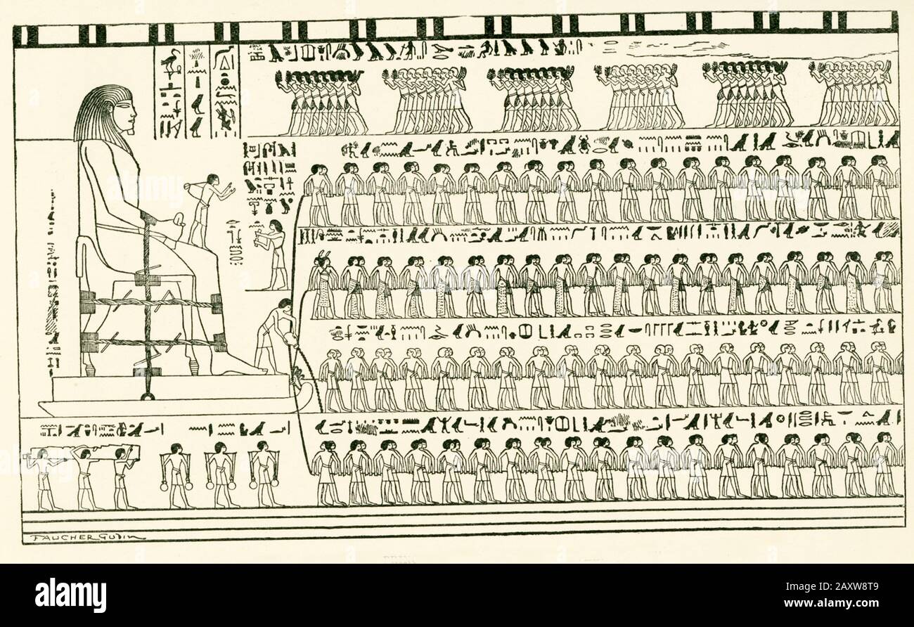 Die kolossale Statue des Fürsten Thothotpu wird von der Korvee gezerrt. Zeichnung von Faucher-Gaudin aus Wilkinson. Ein Beliebter Bericht über die Sitten und Gebräuche der Alten Ägypter. Vol II, Frontispiz. Aus dem ägyptischen Alten Königreich ( c 2613 v. Chr.), (4. Dynastie), half die Arbeit der Korvee bei "Regierungsprojekten"; während der Zeiten der Nilflut wurden Arbeitskräfte für Bauprojekte wie Pyramiden, Tempel, Steinbrüche, Kanäle, Straßen und andere Arbeiten verwendet. Stockfoto