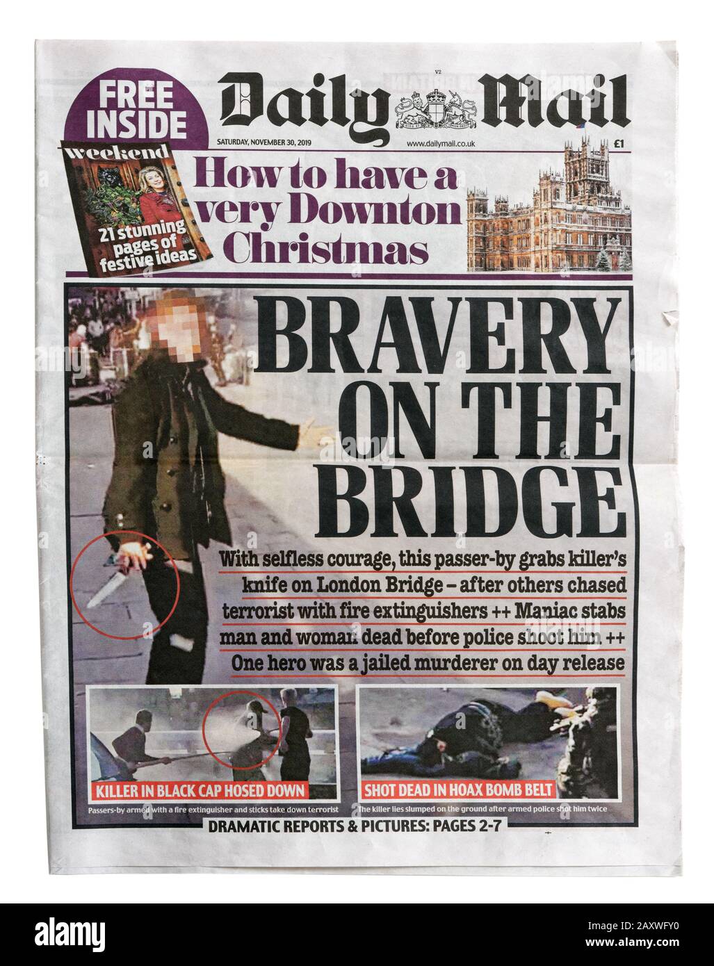 Daily Mail vom 30. November 2019 mit der Überschrift Tapferkeit auf der Brücke über den terroristischen Messerangriff auf die London Bridge. Stockfoto