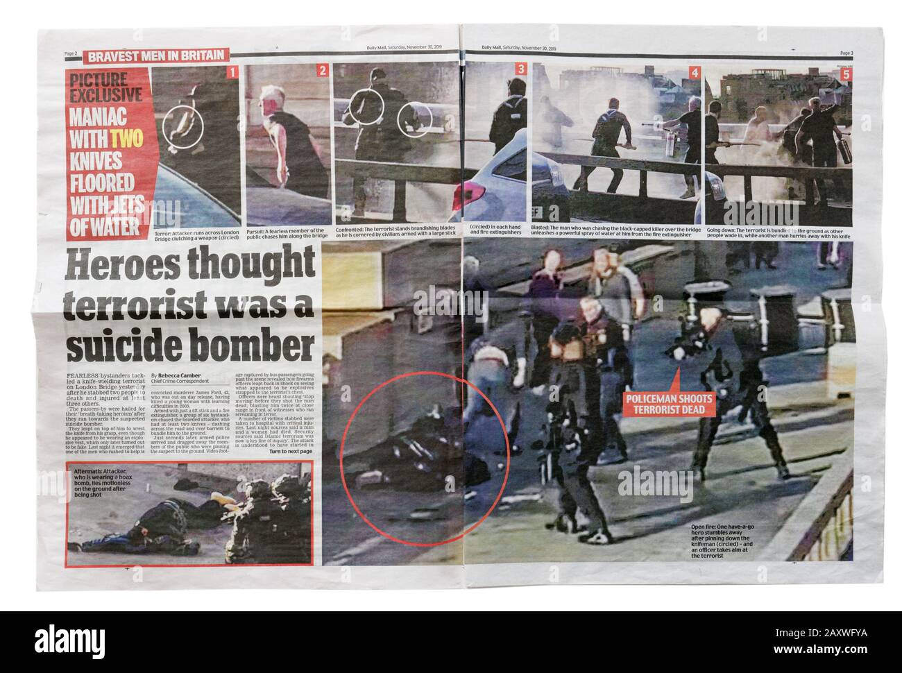 Doppelseitige Verbreitung in der Daily Mail vom 30. November 2019 über den terroristischen Messerangriff auf die London Bridge. Stockfoto