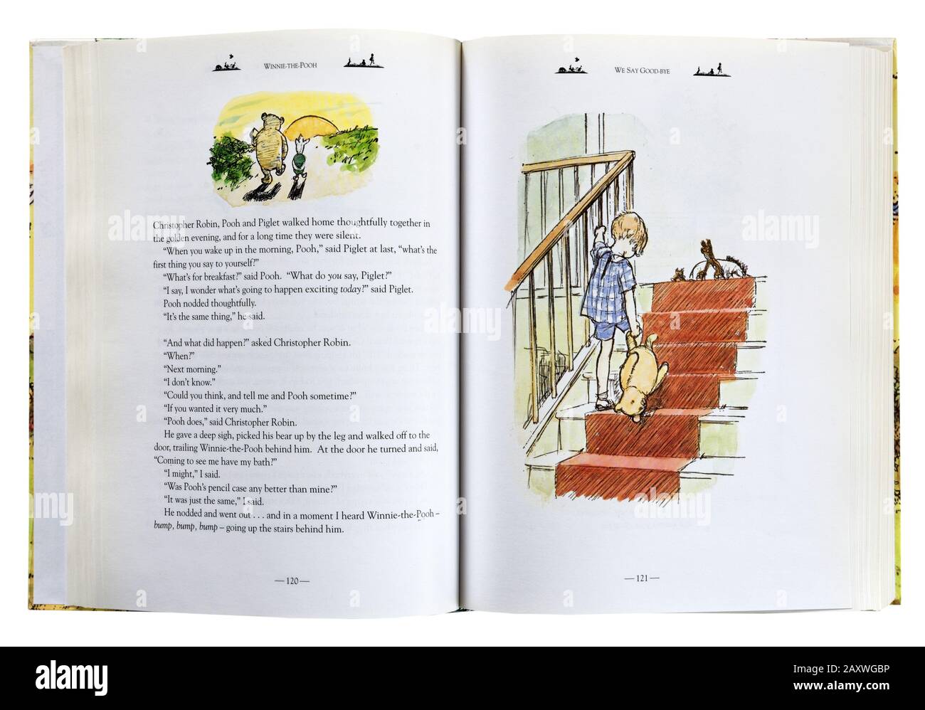 Eine Illustration von Christopher Robin und Pooh, die oben zum Bett von EH Shepherd in einer Winnie The Pooh Kollektion gehen Stockfoto