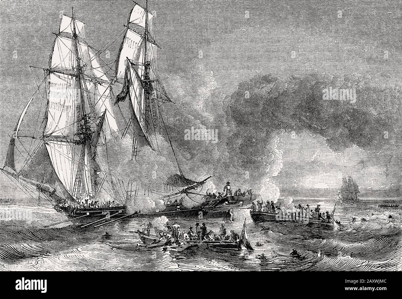 Sklaverei auf Martinique, Sklaven, die aus einem Militärschiff entkommen, das sich von Sklaven befreit, 19. Jahrhundert Stockfoto