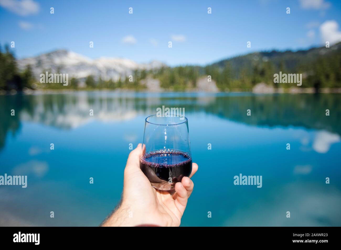 Man hält Glas oder Rotwein am See. Stockfoto