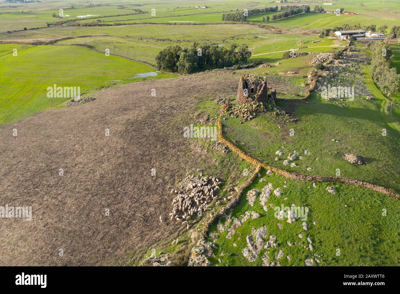 LUFTBILD DER NURAGHE BURGHIDU IM NORDEN VON SARDINIEN Stockfoto