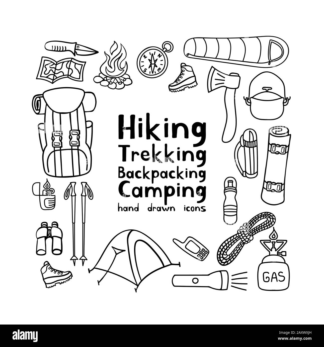 Wander- und Rucksackausrüstung Set. Handgezeichnete Symbole für Trekking. Camping Doodles. Vektorgrafiken. Stock Vektor