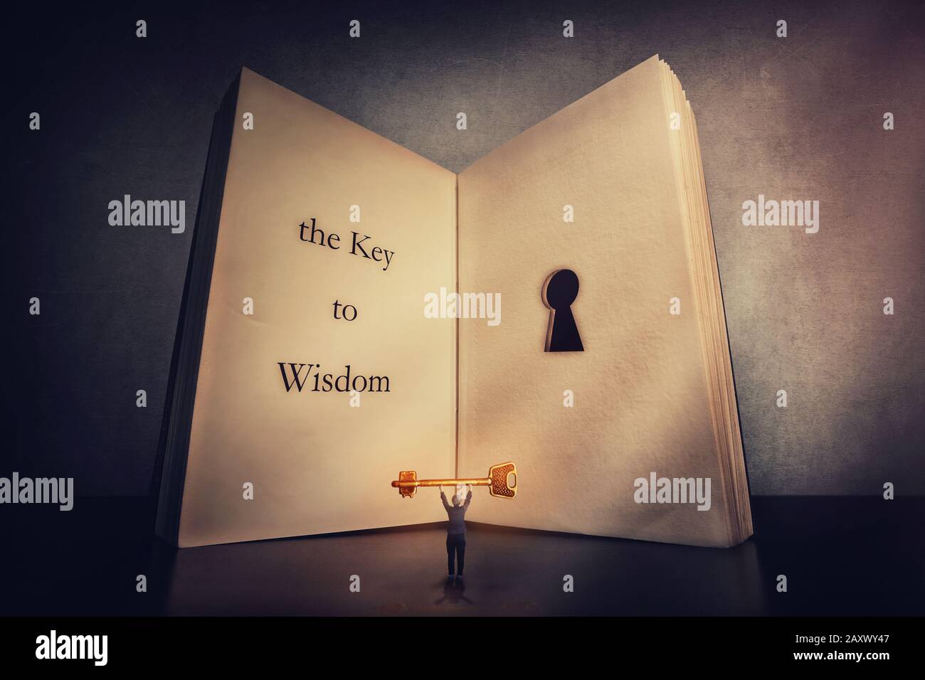 Person fand den magischen goldenen Schlüssel zur Weisheit, steht in der Nähe des riesigen Buches mit einem Schlüsselloch in den Seiten. Öffnen Sie das Schloss für Wissen, Ehrgeiz und Motivation Stockfoto