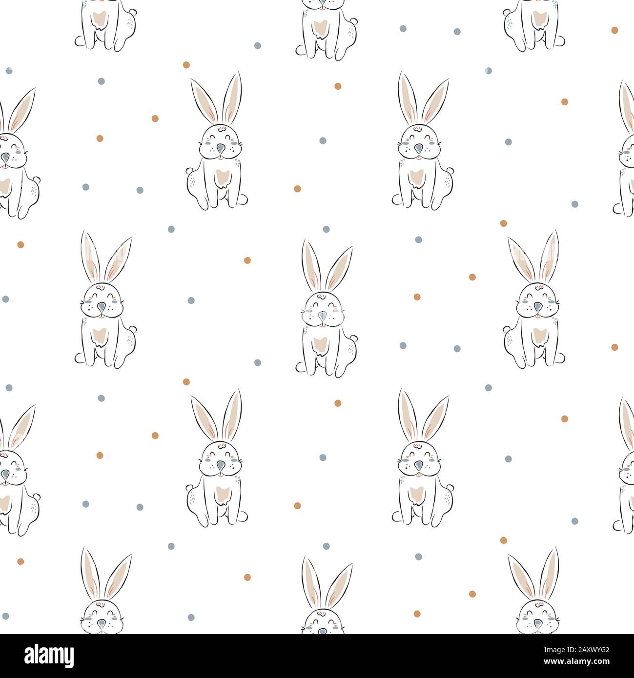 Nahtloses Muster mit süßen weißen Kaninchen. Mit der Hand gezeichnete Häschen im Doodle. Stock Vektor