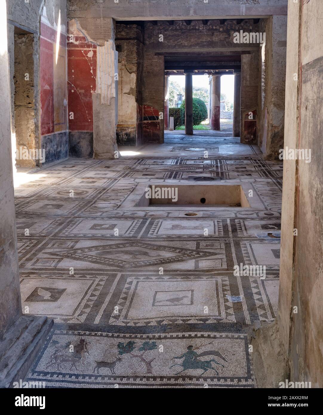 Der Mosaikboden im Atrium des Hauses Paquius Proculus in Pompeji, Italien Stockfoto