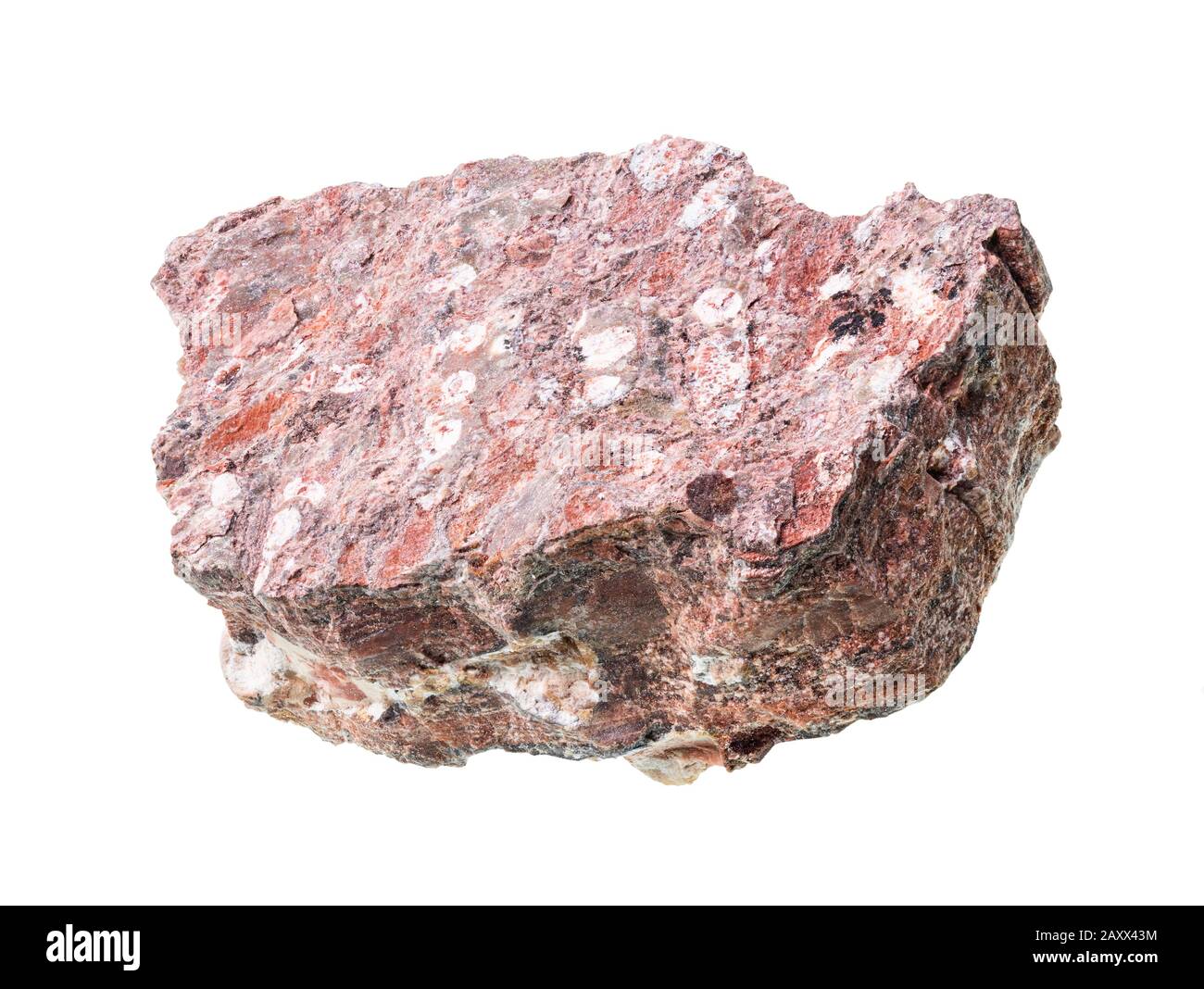 Unpoliertes rhyolites Gestein auf weißem Hintergrund Stockfoto