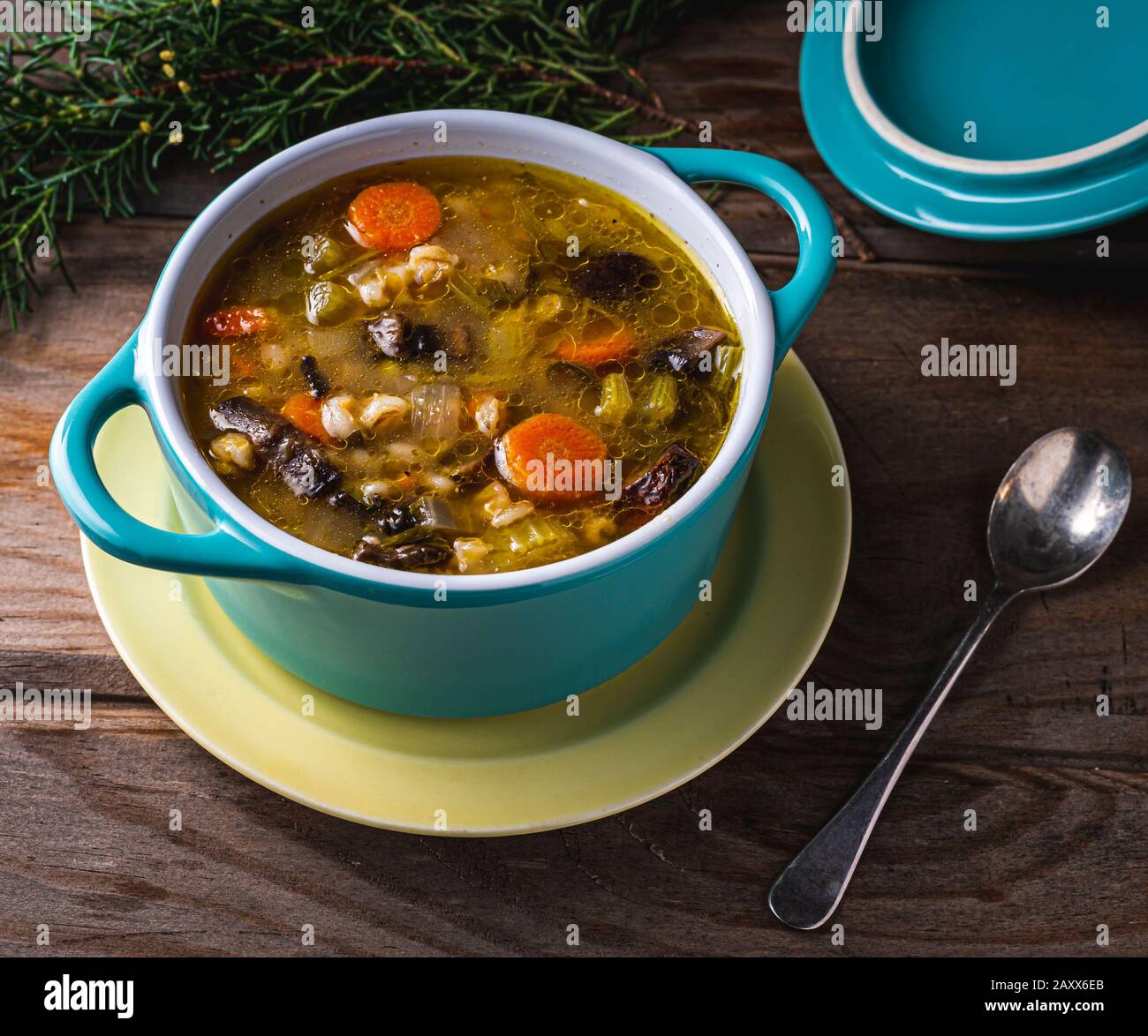 Veganes Rezept, Gerste und Pilzsuppe. Stockfoto