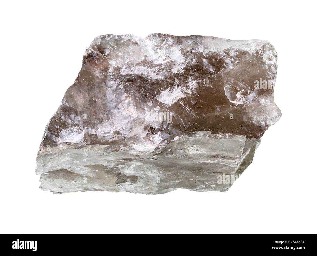 Ungeschliffene, rauchige Quarzgesteine auf weißem Hintergrund Stockfoto