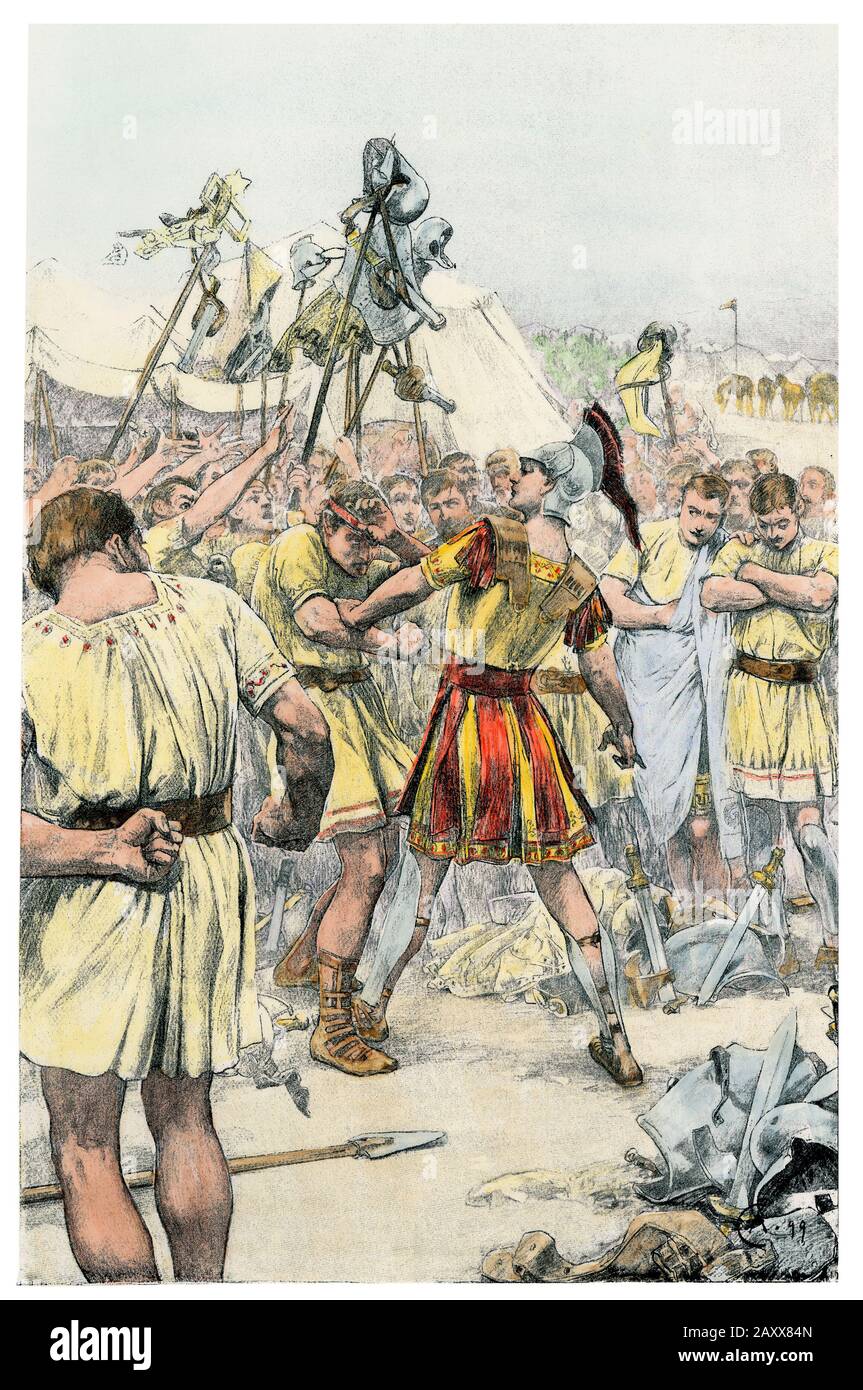 Alexander der Große quält eine Meuterei unter seinen Soldaten in Indien. Handfarbener Halbton einer Abbildung Stockfoto