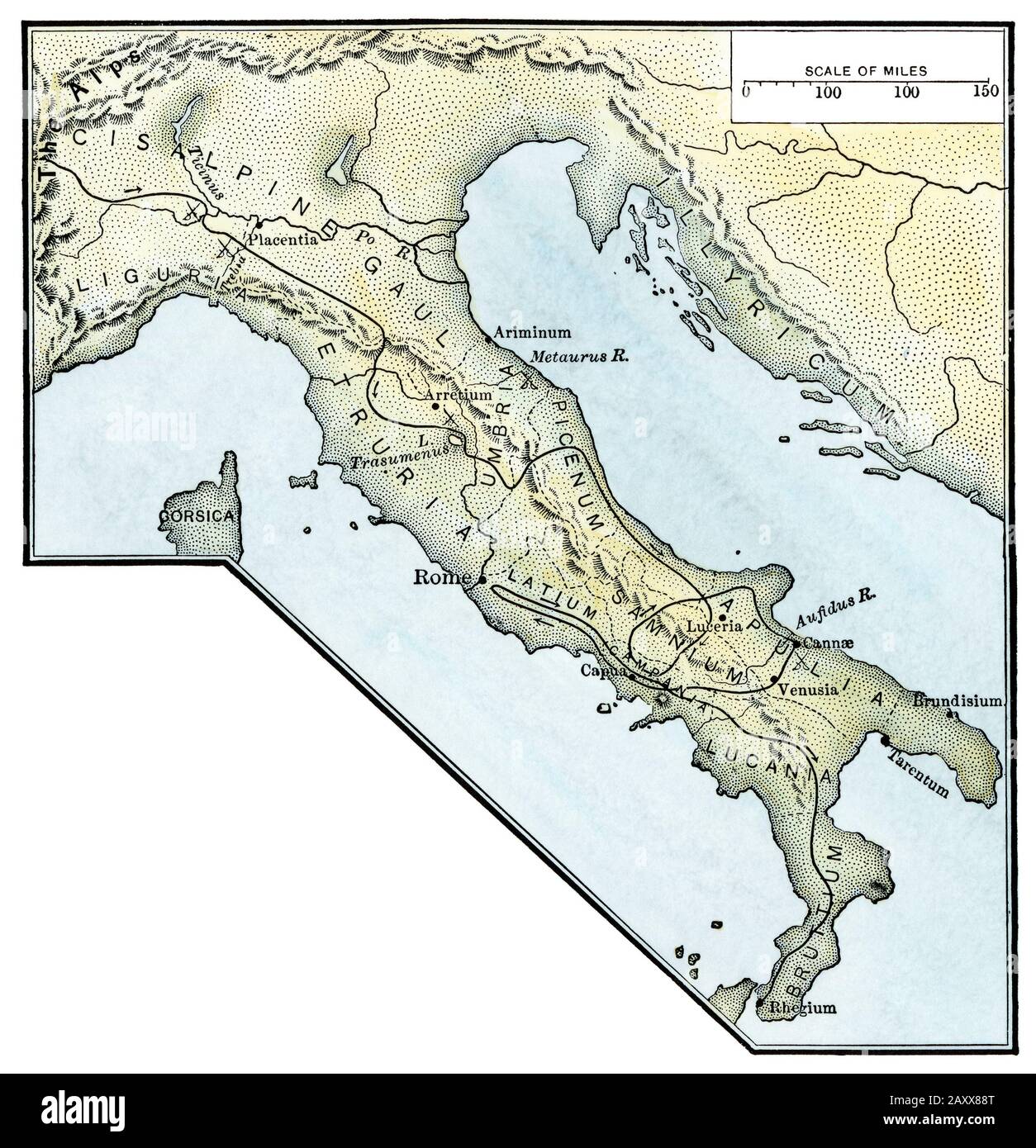 Hannibals Weg zur Invasion Roms, punische Kriege. Handfarbener Holzschnitt Stockfoto