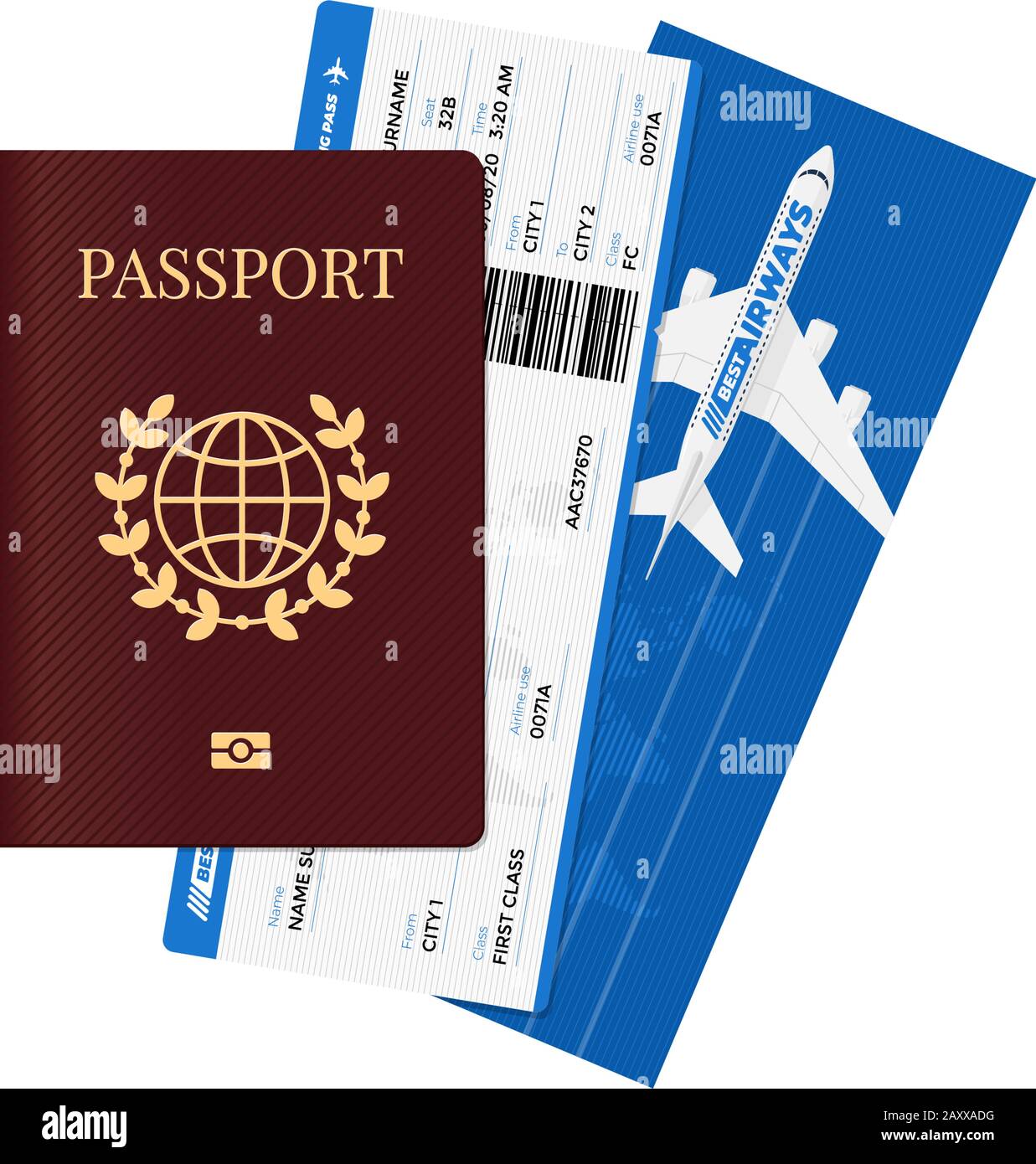 Internationaler Reisepass mit Flugtickets. Personalausweis und Bordkarte der Fluggesellschaft. Vektor Tourismus Reisen isoliert Illustration Konzept Stock Vektor
