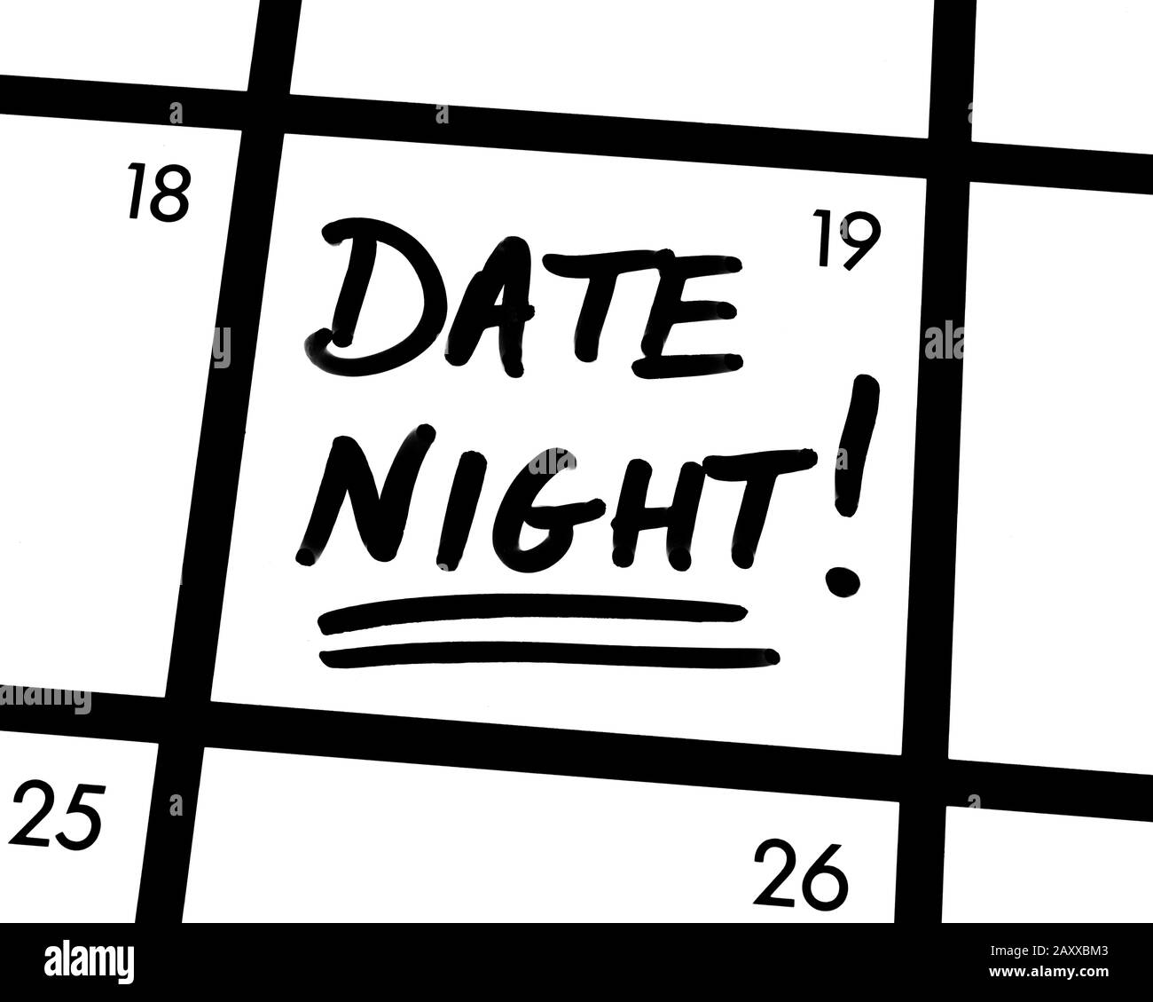 Nahaufnahme einer DATUMNACHT! Kalendereintrag. Stockfoto
