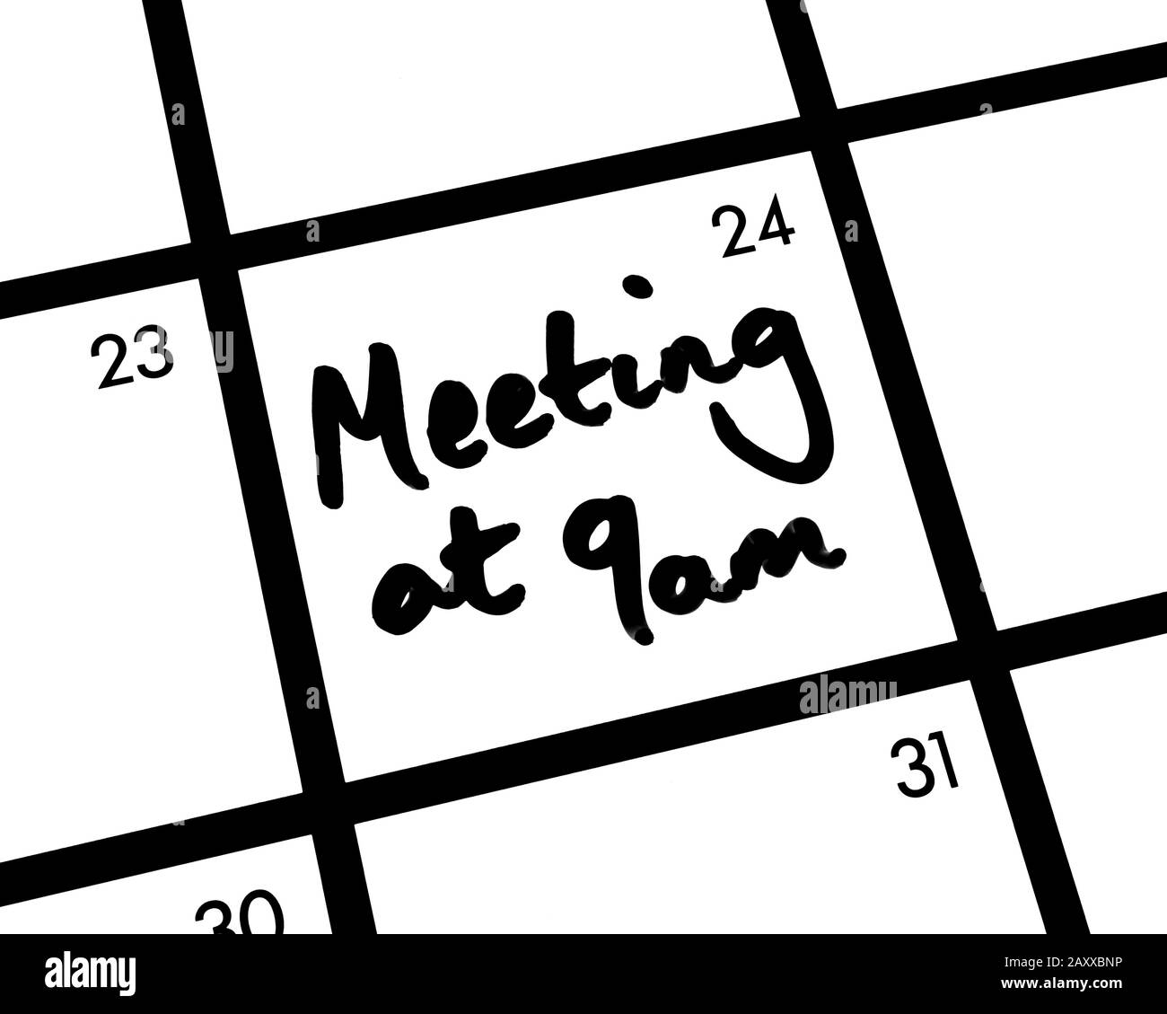 Nahaufnahme eines Meetings um 9:00 Uhr Kalendereintrag. Stockfoto
