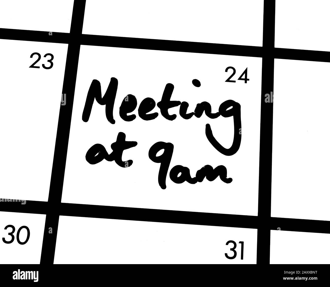 Nahaufnahme eines Meetings um 9:00 Uhr Kalendereintrag. Stockfoto