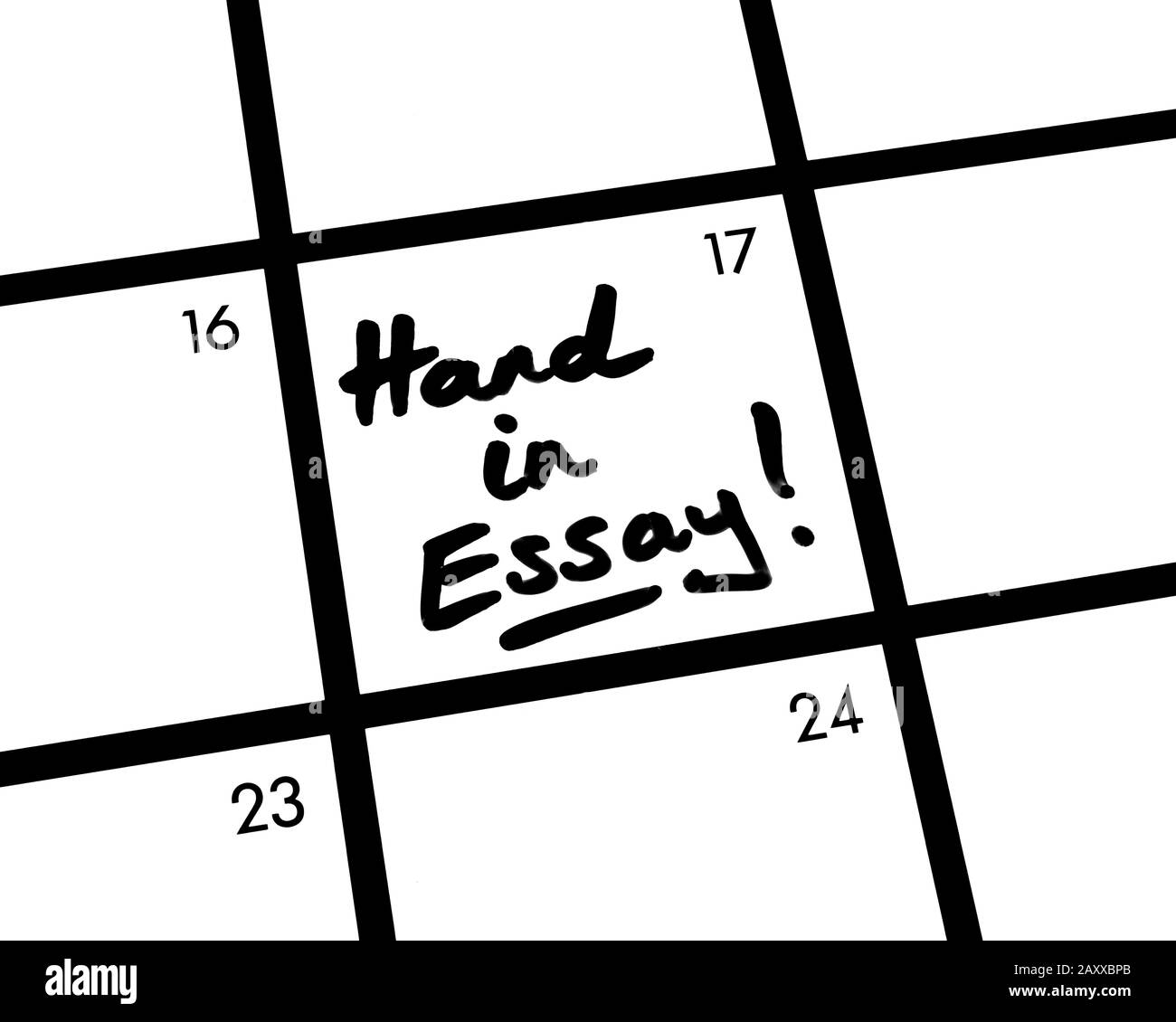 Nahaufnahme einer Hand in Essay! Kalendereintrag. Stockfoto