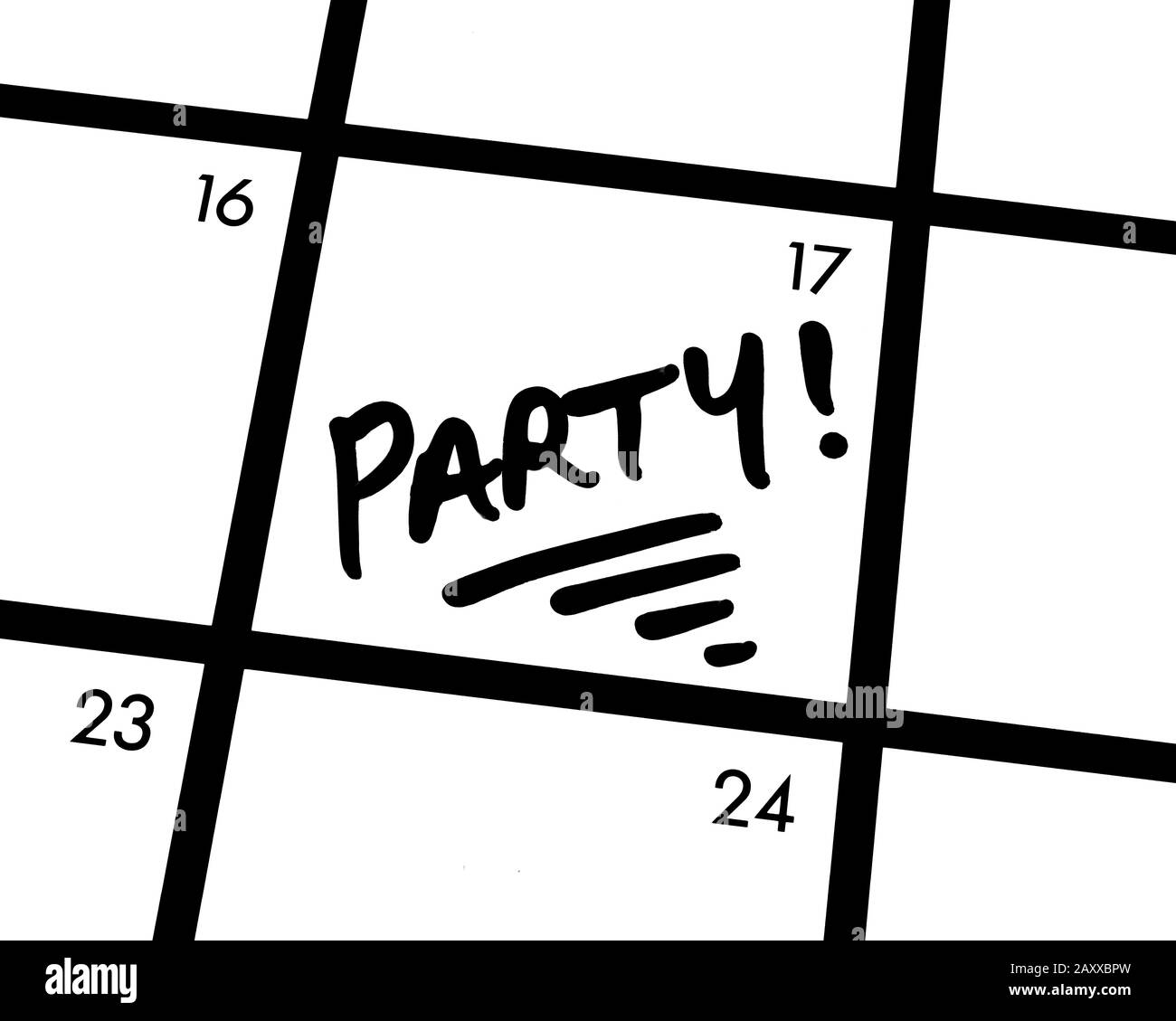 Nahaufnahme einer PARTY! Kalendereintrag. Stockfoto
