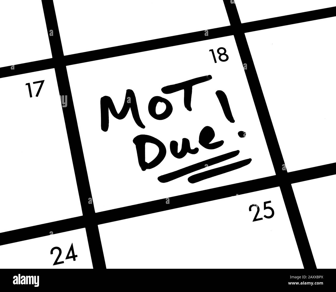 Nahaufnahme einer fälligen MOT! Kalendereintrag. Stockfoto