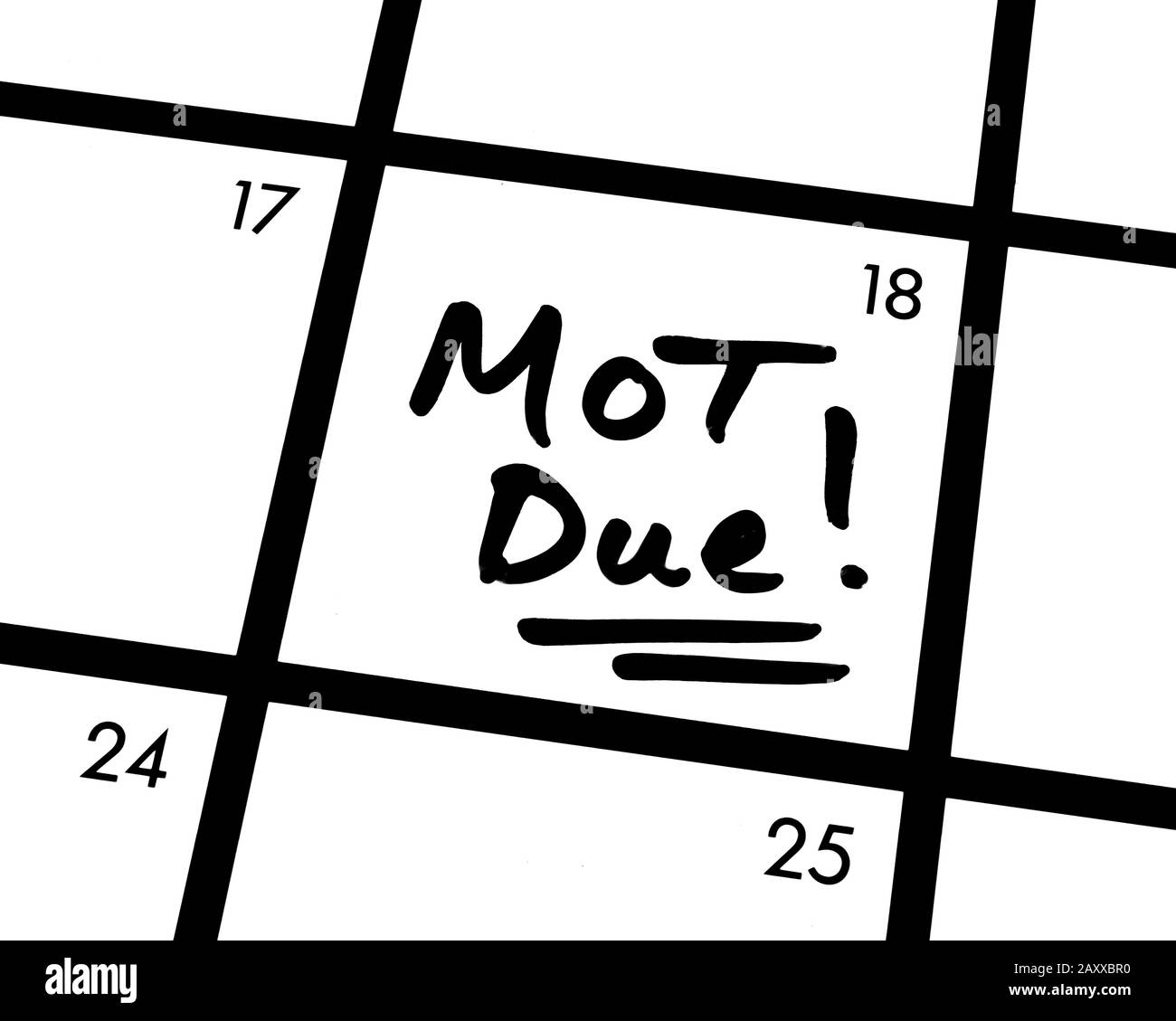Nahaufnahme einer fälligen MOT! Kalendereintrag. Stockfoto