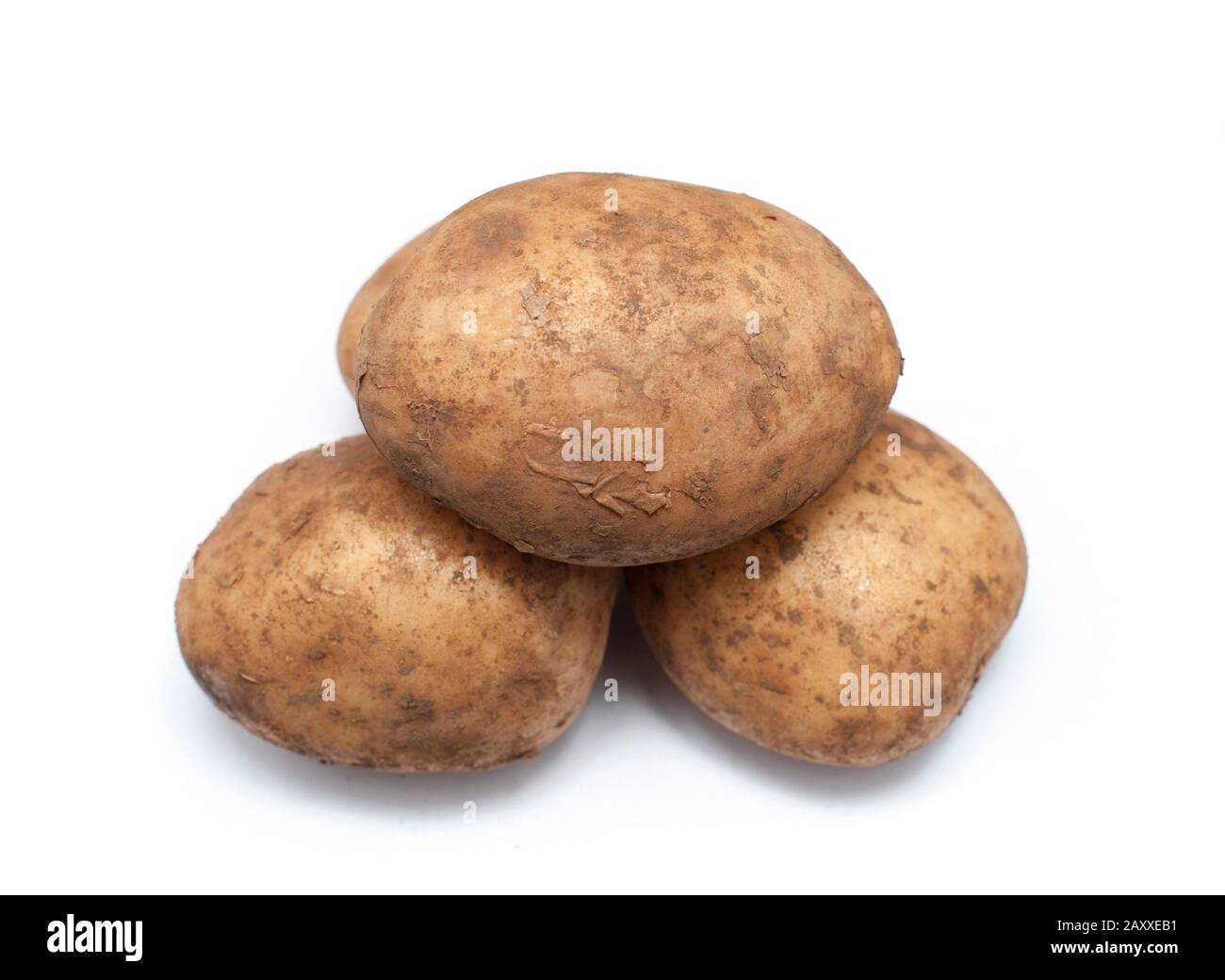 Drei Bauernhof-Frischkartoffeln, eine wichtige Agrarernte und Zutat zum Kochen Stockfoto