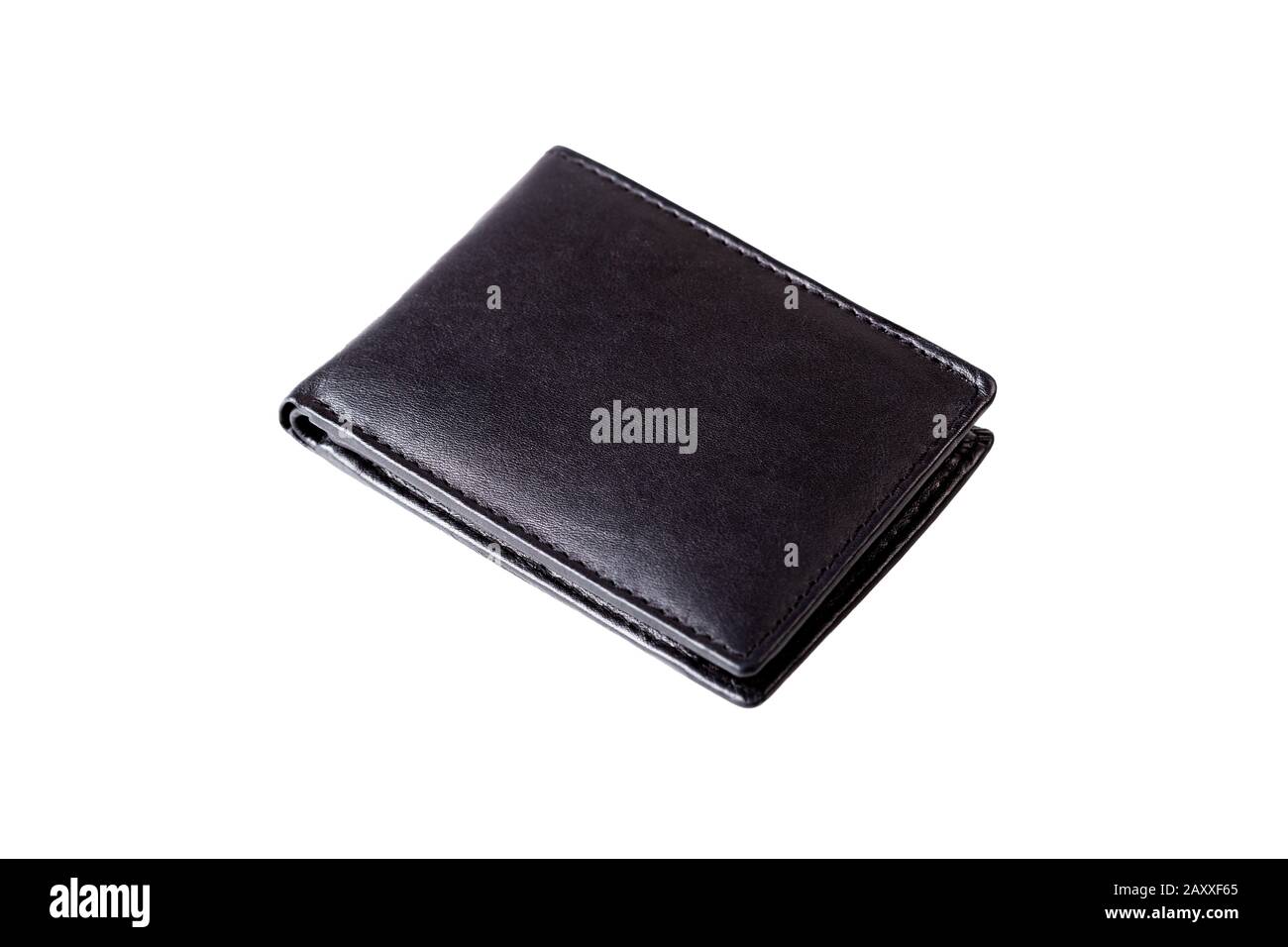 Klassischer, schlichter schwarzer, leerer, quadratischer, eleganter klassischer, hochwertiger Geldbeutel aus Leder im Business-Stil, isoliert auf der neuen weißen, verschlossenen Tasche Stockfoto