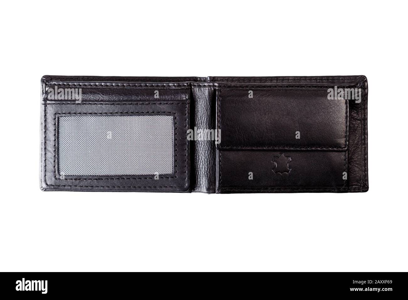 Einfache, schwarze, offene Brieftasche, isoliert auf weißem Hintergrund, leergeöffnetes Lederetui, ausgeschnitten, Draufsicht. Geldspeicherkonzept Stockfoto