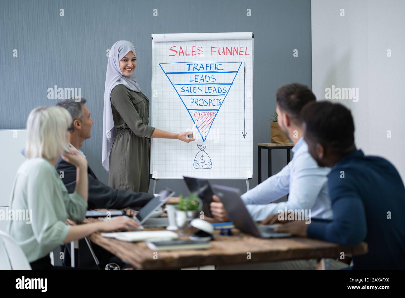 Muslimische Geschäftsfrau, die Präsentation, die ihre Kollegen im Büro Stockfoto Muslimische Geschäftsfrau, die Präsentation, die ihre Kollegen im Büro Stockfoto