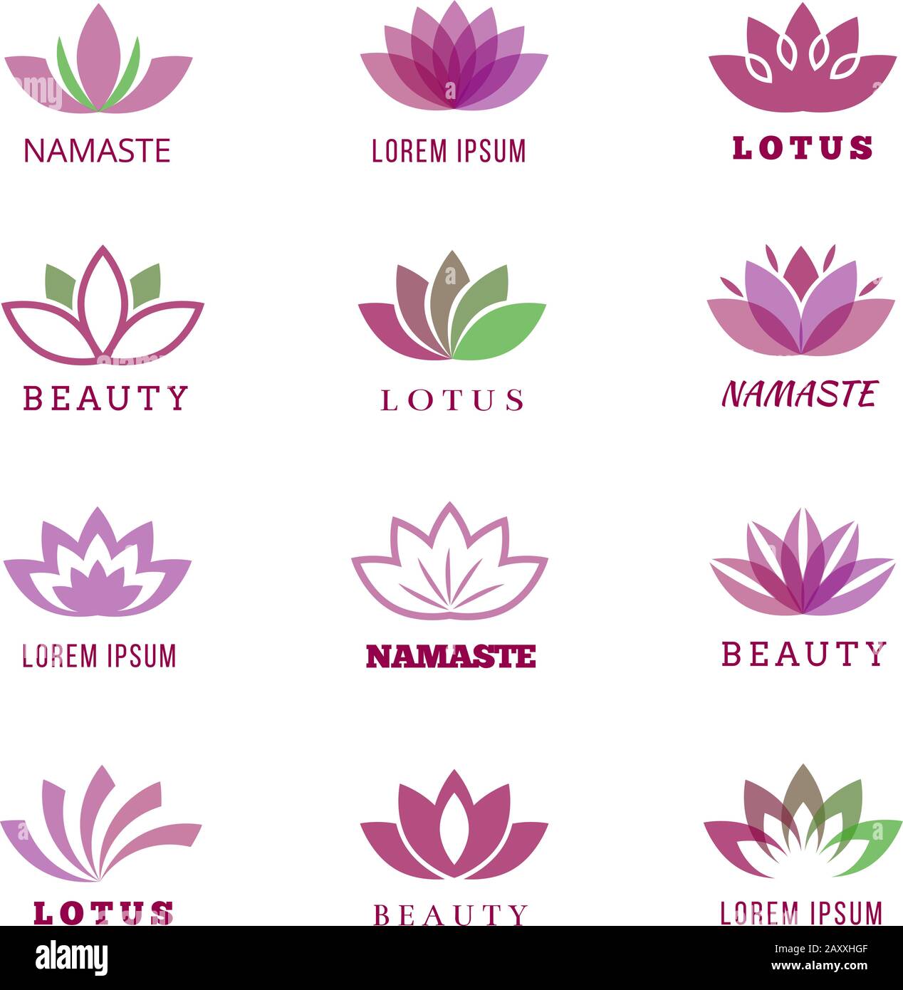 Vector Spa, Boutique, Schönheitssalon, Kosmetikerin, Shop, Yoga-Klasse, Hotel- und Resortlogo mit lotus-blumen. Lotus namaste Boutique, Kosmetikerin l. Stock Vektor