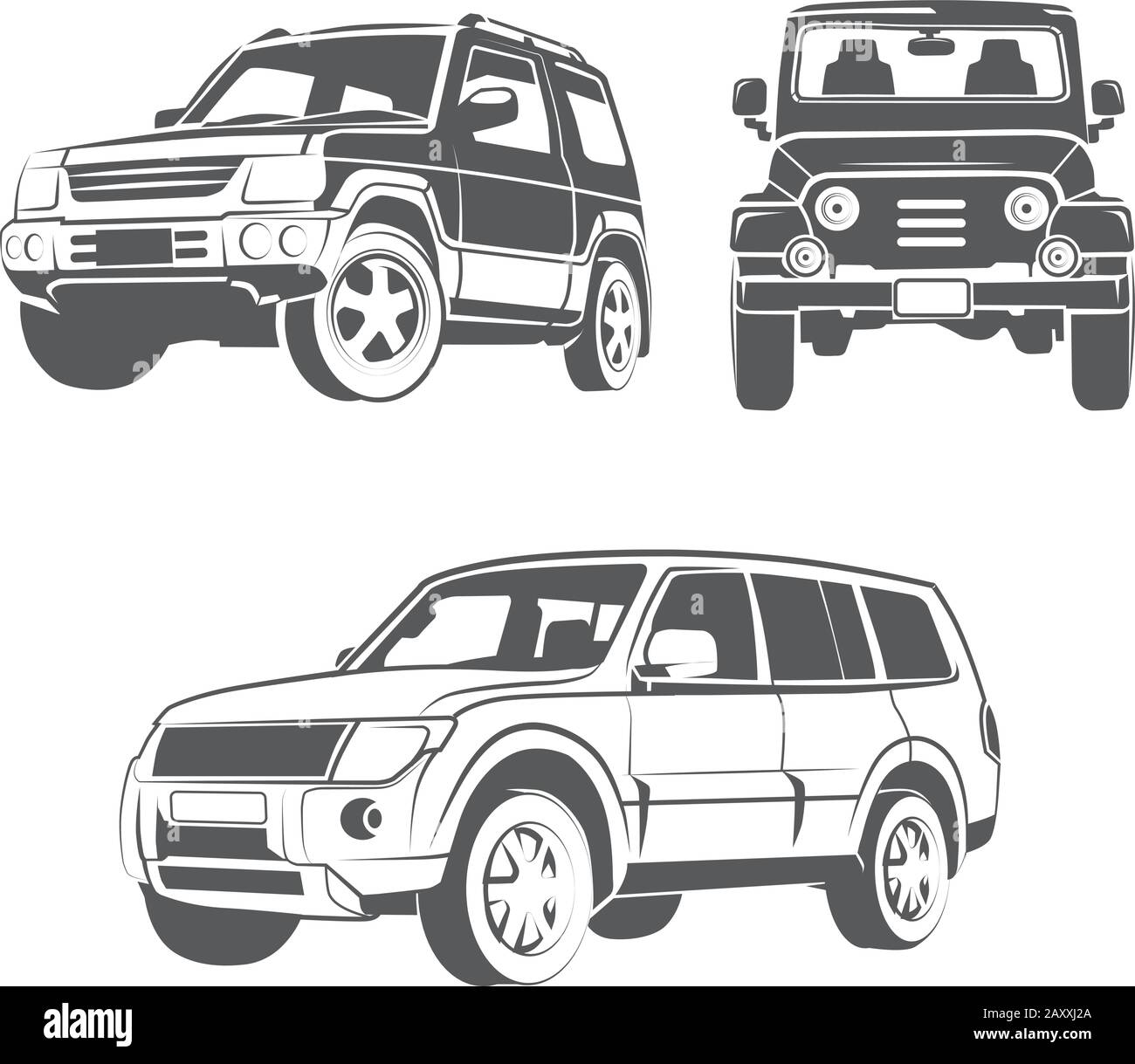 Vektorelemente für geländewagen-suv-Embleme, Etiketten und Abzeichen. Auto-suv-Fahrzeug, Transport-suv-Auto, Design Transport-suv-Auto Illustration Stock Vektor