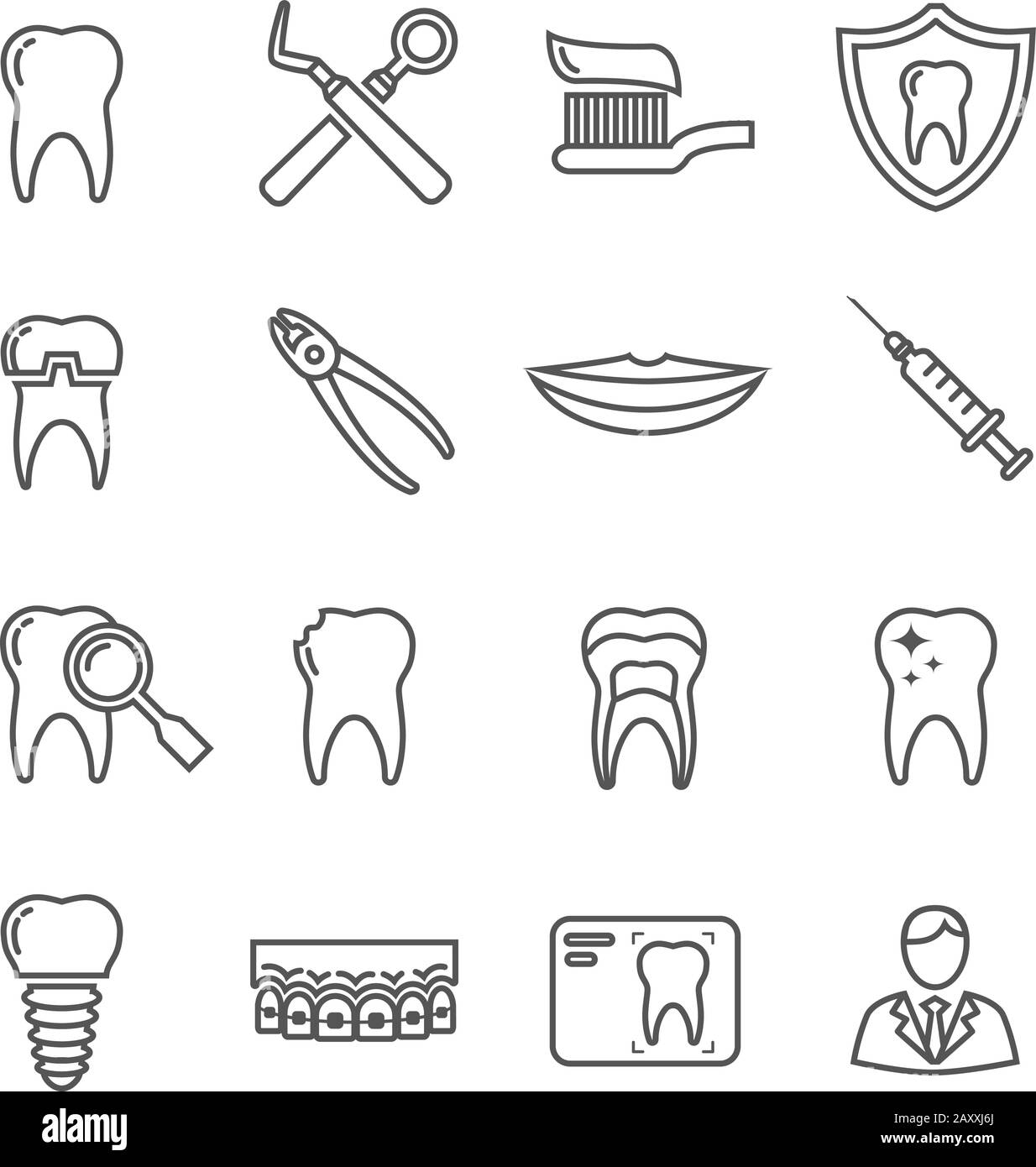 Zähne, medizinische Leitungssymbole der Zahnmedizin. Instrumente Zahnmedizin Medizin, Zahnmedizin medizinische Stomatologie, Zahnheilkunde Medizin, Zahnschutz. Vect Stock Vektor
