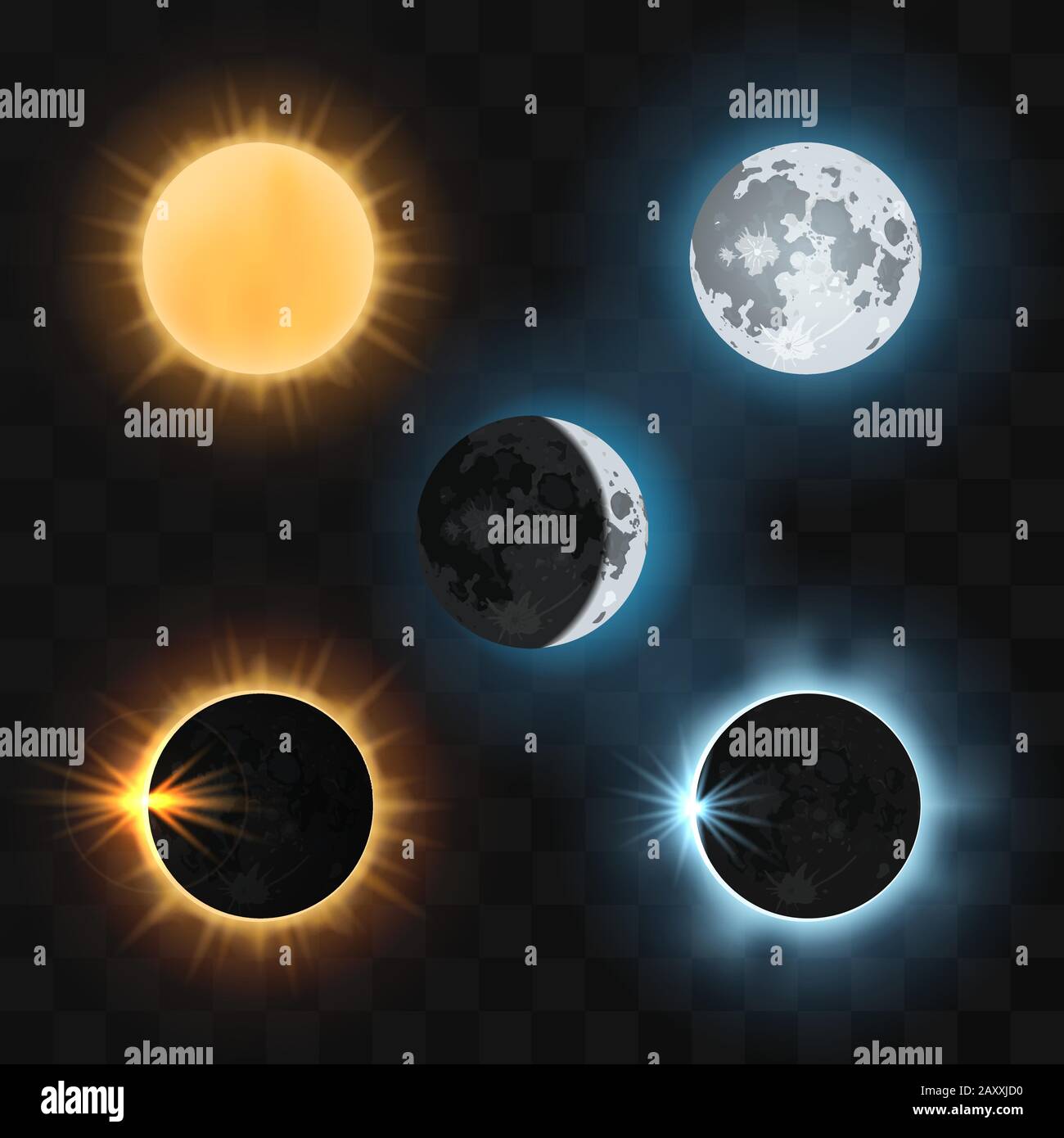 Sonne und Mond sowie Sonne und Mond werden in den Schatten gestellt. Sonnenfinsternis, Mondfinsternis, dunkle Sonnenfinsternis oder Mond, Naturfinsternis Sonne und Mond. Vektorgrafiken Stock Vektor