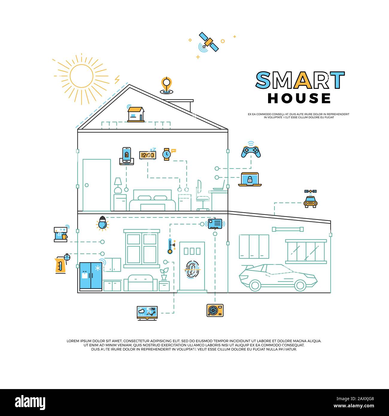 Smart House Technologie System Vector Concept. Haus mit Innovationstechnologie, Steuerungstechnik Home, Smart Technology System Illustration Stock Vektor