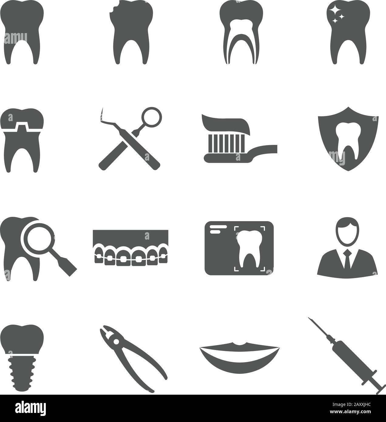 Dental-Vektor-Symbole. Zahnarztpraxis, Zahnimplantat, Zeichen der Zahnhygiene Stock Vektor