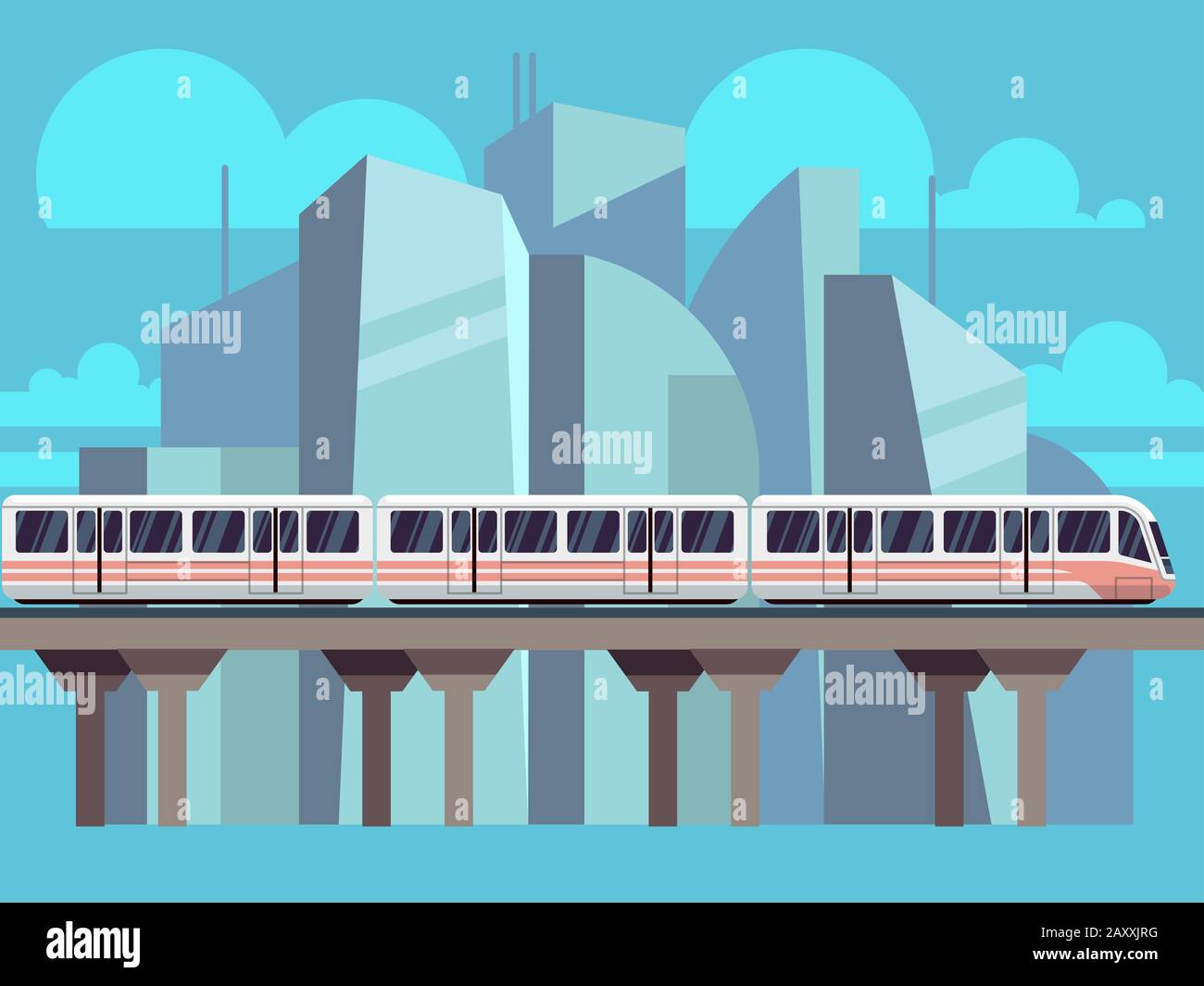 Sky Train, Subway Landscape Flat Konzept. Verkehrskonzept Vector Train vor Stadtkulisse Stock Vektor