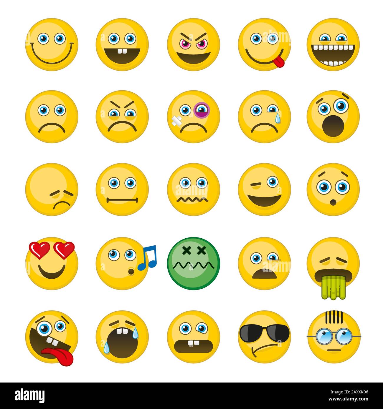 Emoji, Emoticons Vektorsymbole festgelegt. Emotionen lächelnd, wütend lächelnd, fröhlich witziger Smiley, Barf Smiley-Illustration Stock Vektor