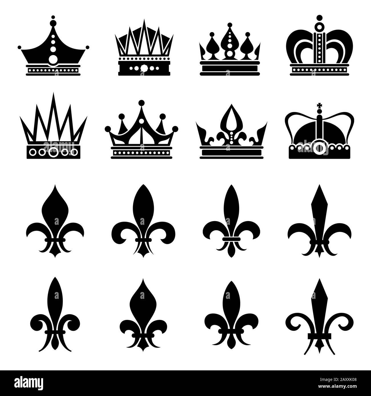 Krone und Fleur de LIS, Lilienblumen Ikonen. Design Krone Royal, Lilienblume und mittelalterlichen Kronensatz Stock Vektor