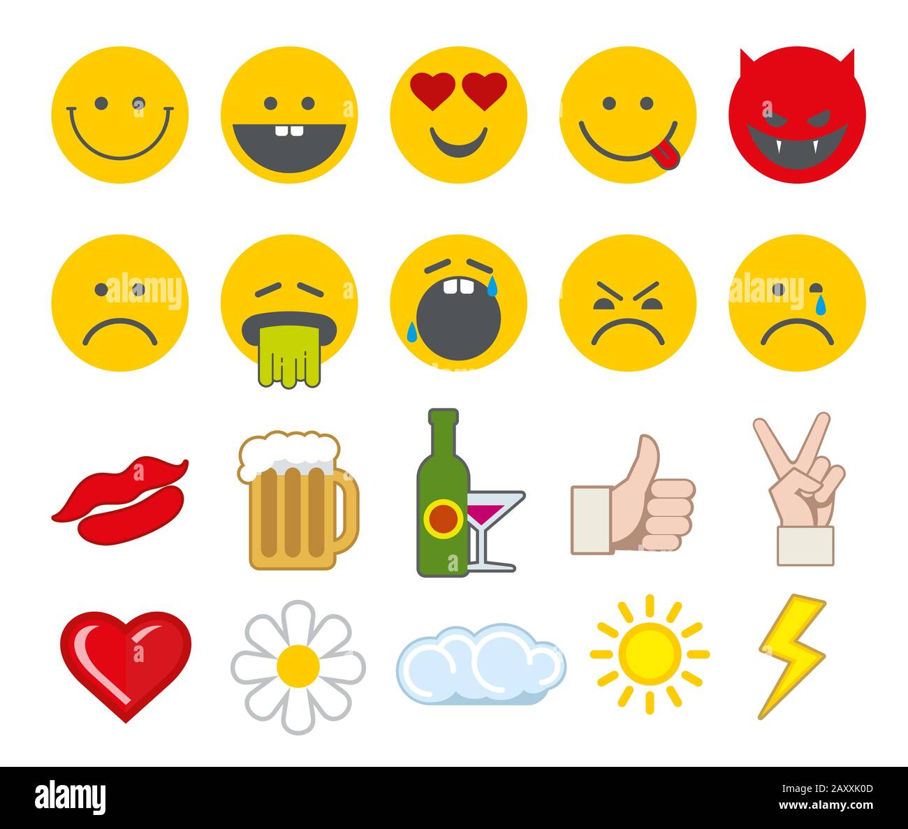 Emoticon-Vektorsymbole mit Daumen nach oben, Chat, Herz und anderen Symbolen. Wütende Smiley, lustige Smiley, Barf Gesicht Smiley-Illustration Stock Vektor
