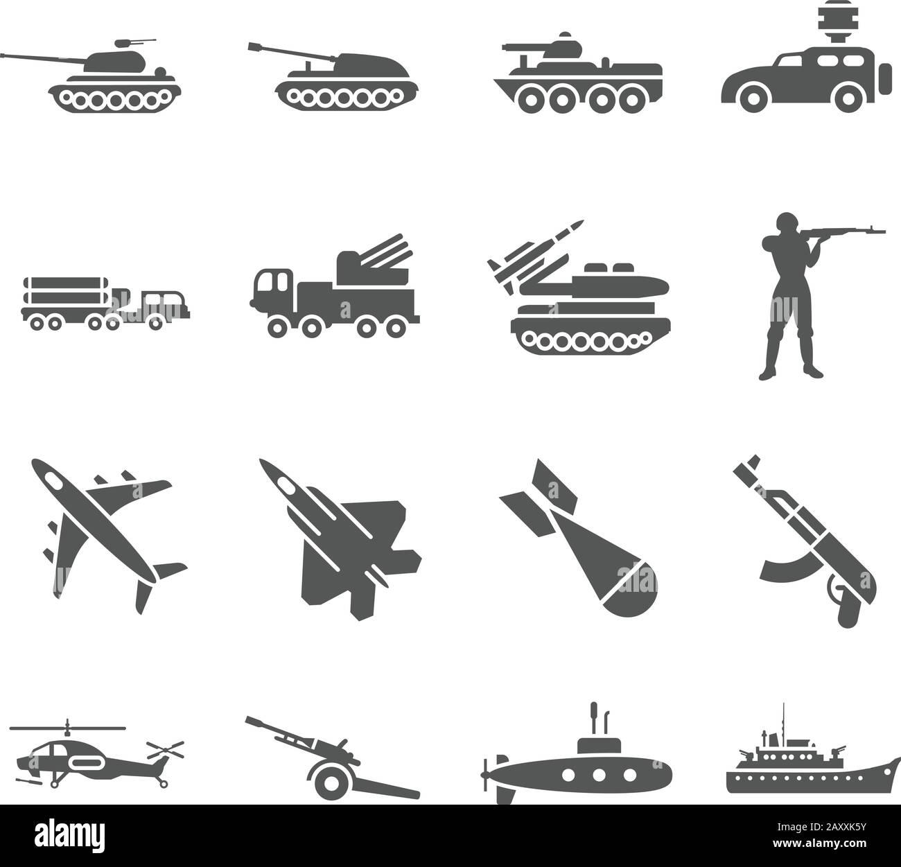 Armee, Militärvektor-Ikonen gesetzt. Militärwaffe, Militärrakete, militärische Transportillustration Stock Vektor